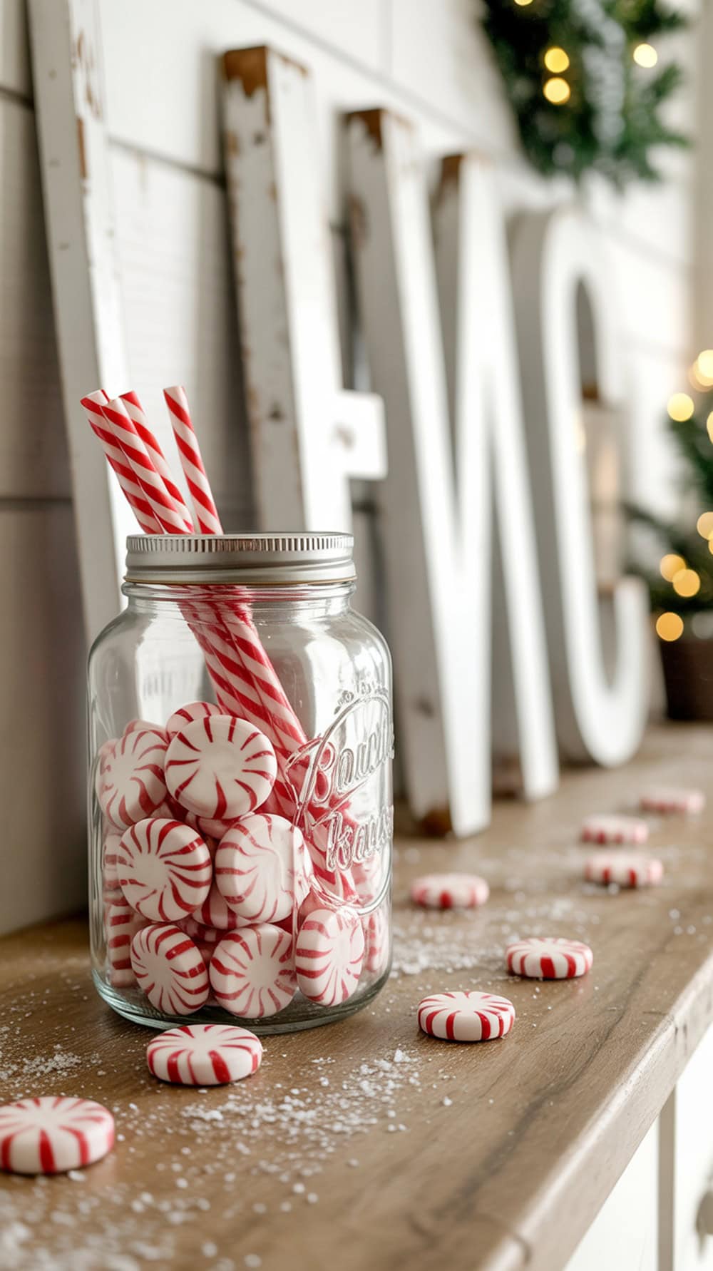 A glass jar filled with peppermint candies and striped straws, set against a rustic wooden shelf.