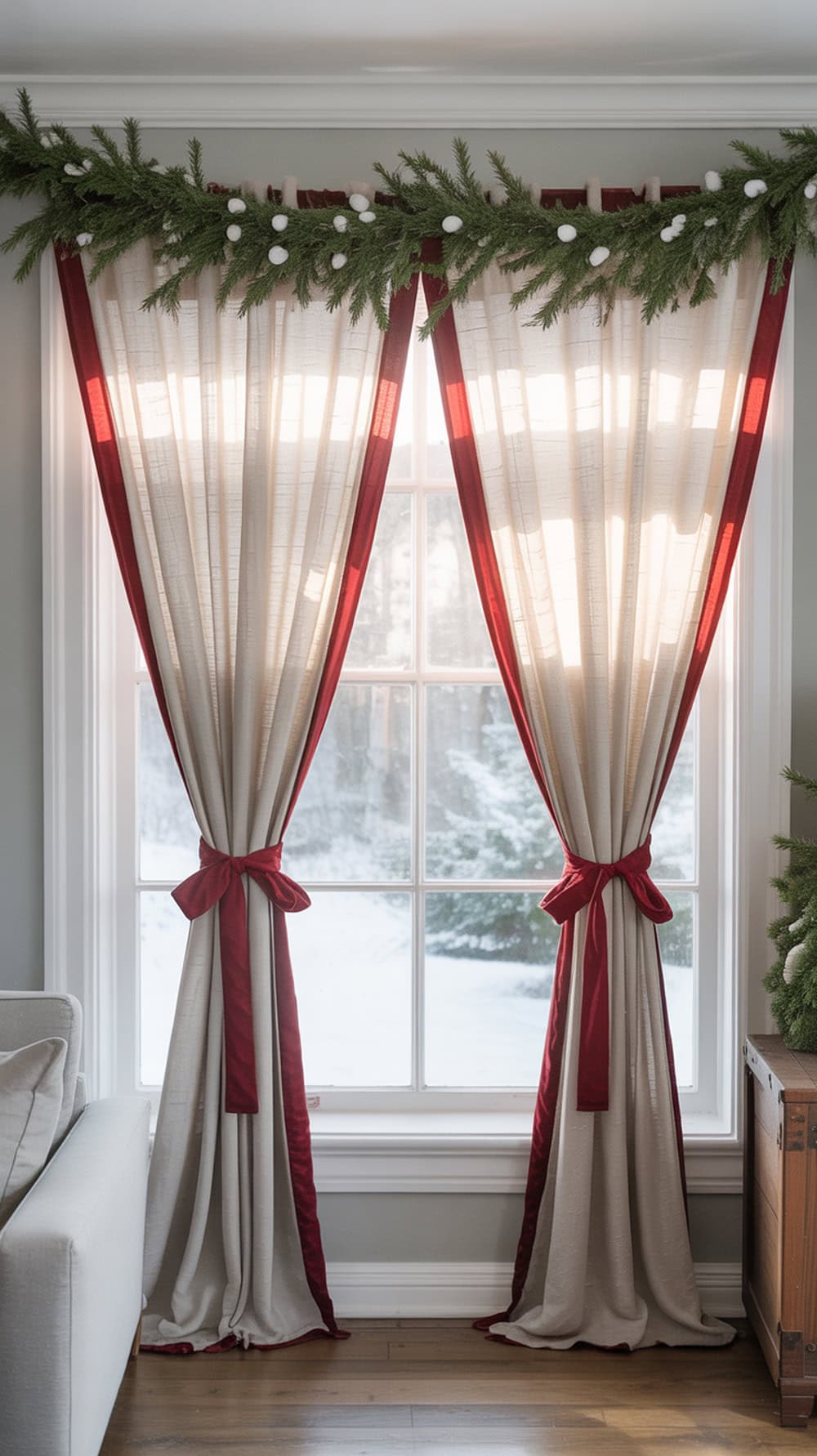 Red velvet ribbon draped over a curtain rod with neutral curtains and a garland of greenery above the window.