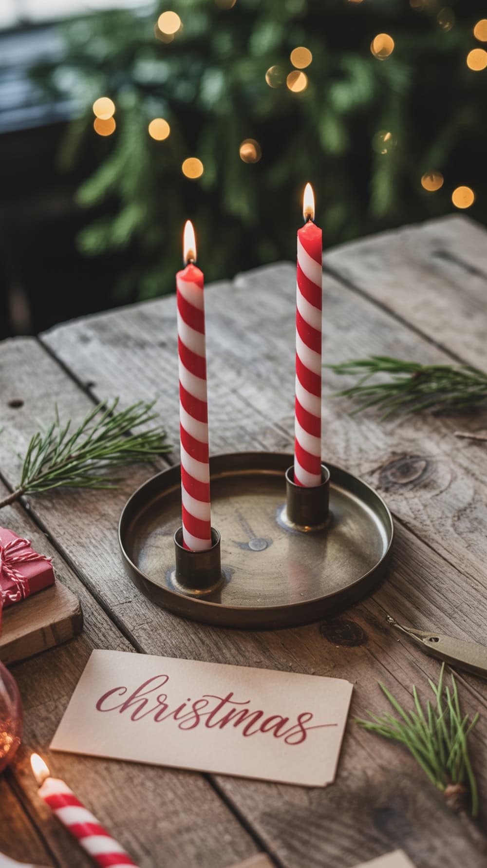 Red and white striped taper candles in a gold holder on a wooden table with greenery and a holiday card.