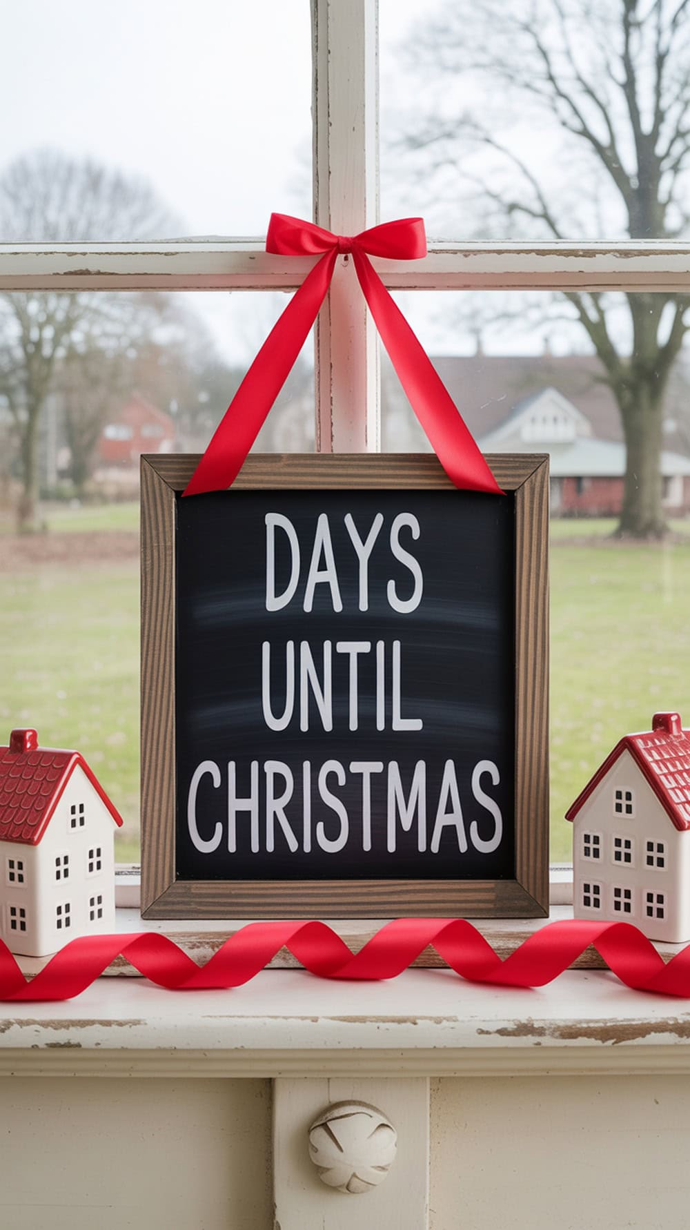 A Christmas countdown sign with the text 'DAYS UNTIL CHRISTMAS' hanging in a window, flanked by two small houses and decorated with a red ribbon.