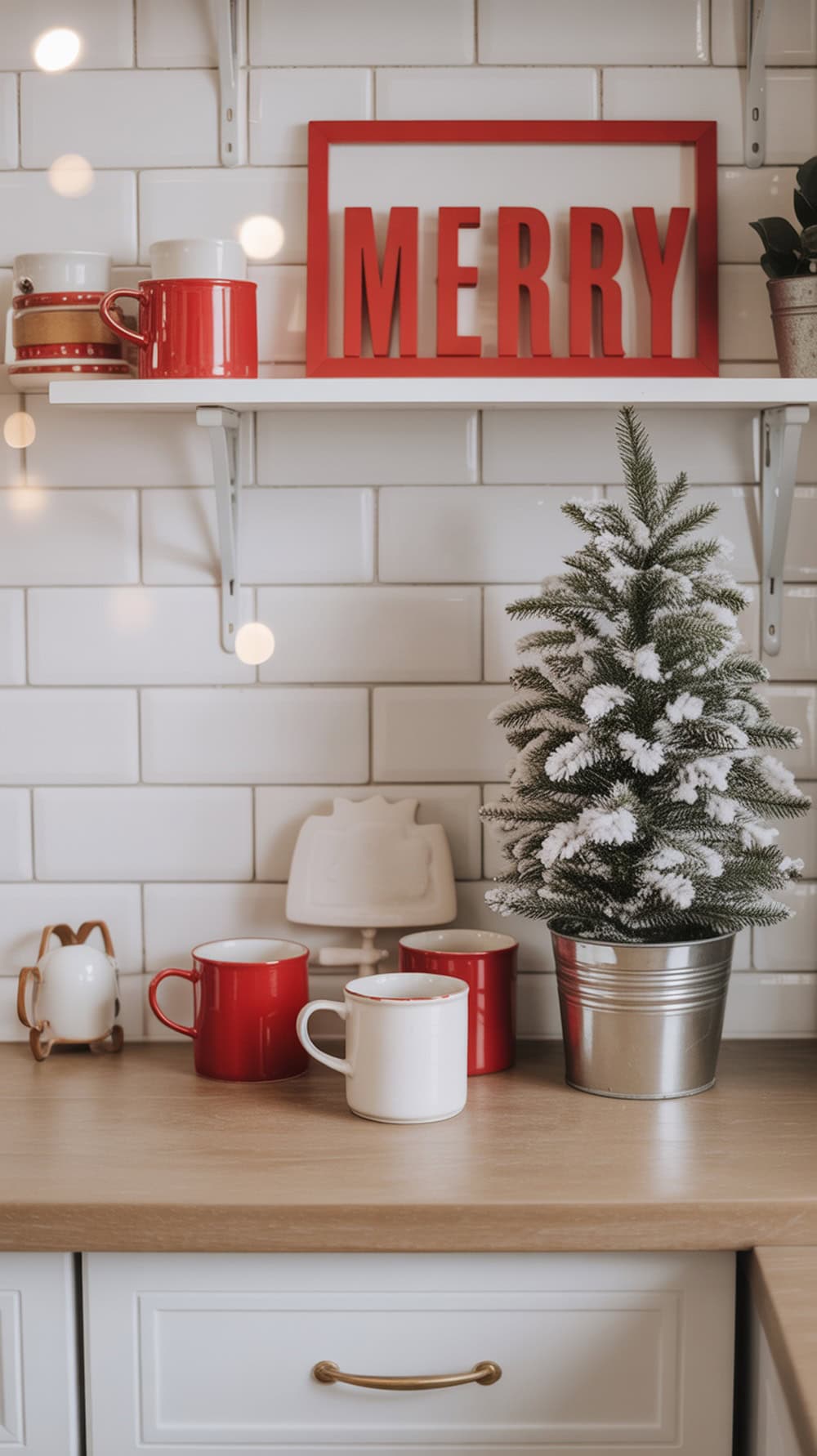 A modern farmhouse kitchen shelf decorated with red and white Christmas decor, featuring a 'MERRY' sign, festive mugs, and a small snowy tree.