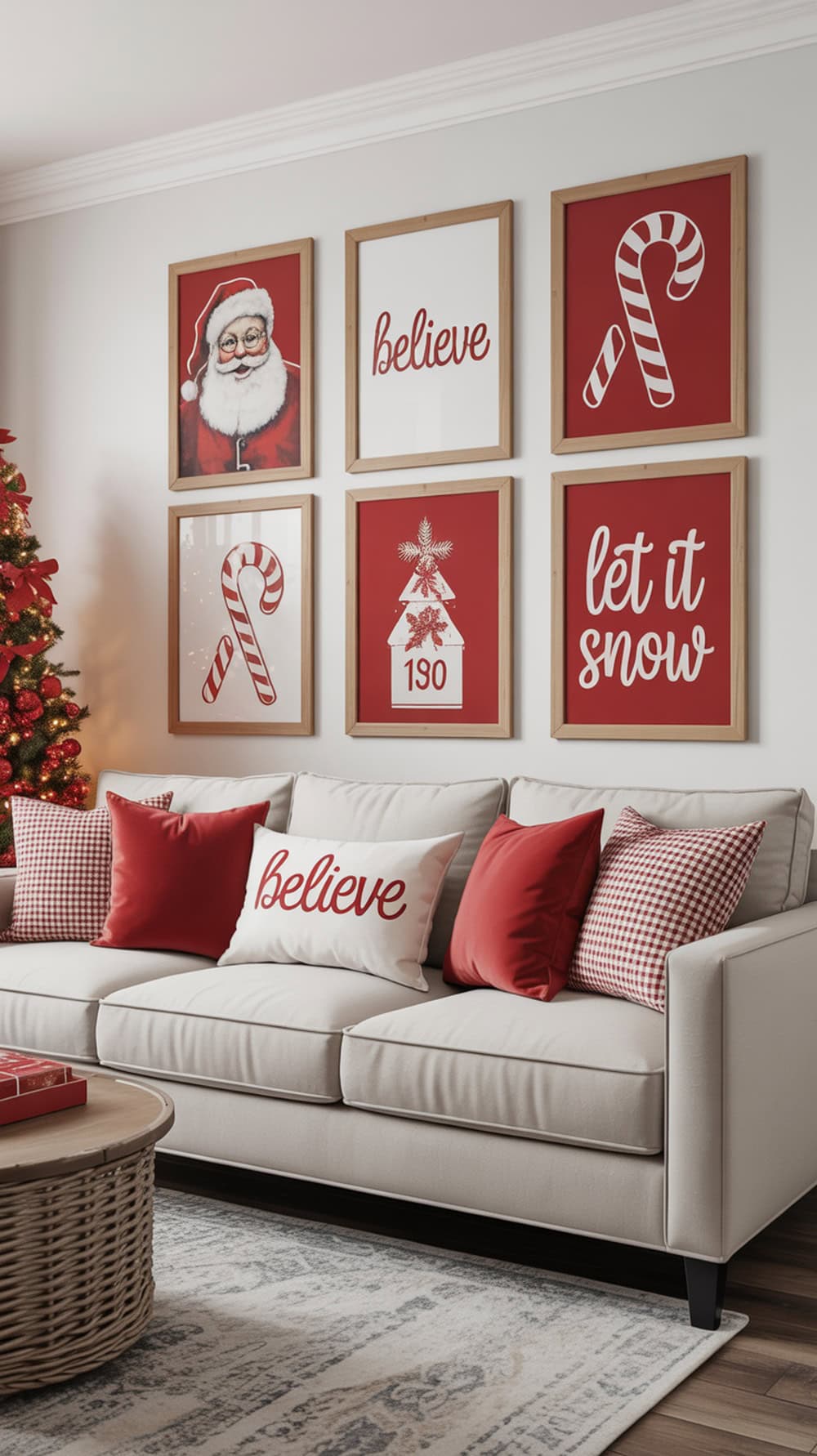 A collection of framed holiday prints featuring Santa Claus, candy canes, and festive phrases in red and white colors.