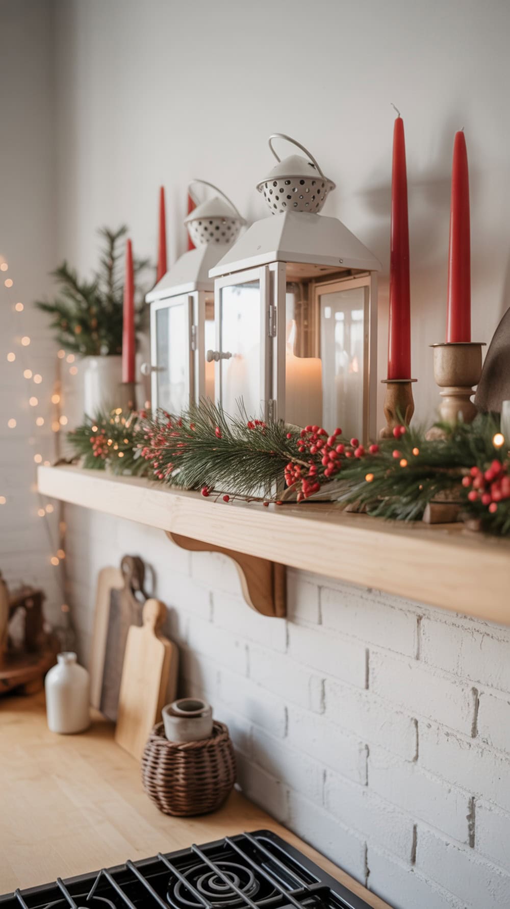A festive kitchen shelf above the stove decorated with red candles, lanterns, and greenery.