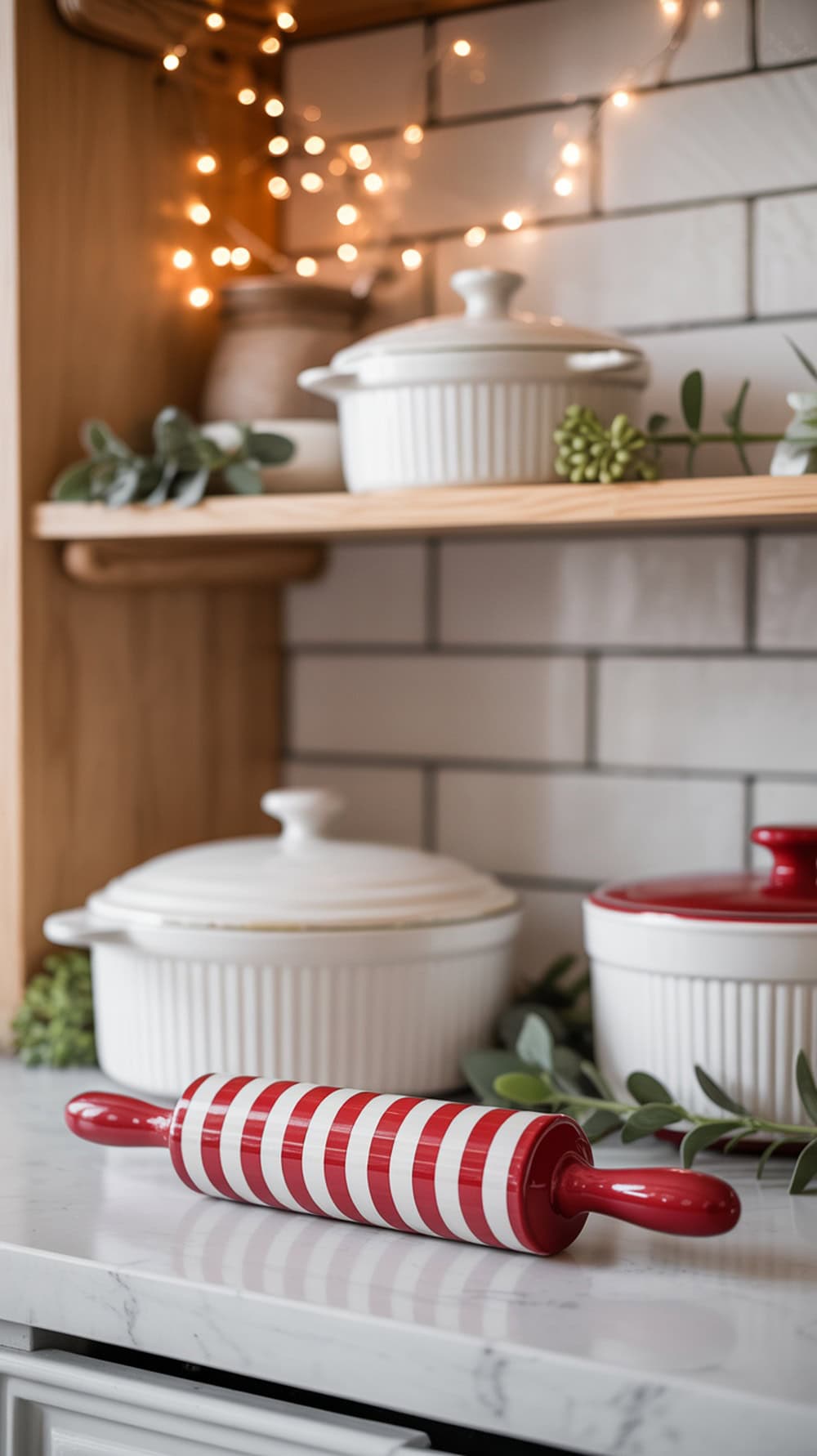 A mini red and white striped rolling pin on a marble countertop, surrounded by white ceramic pots and greenery, with fairy lights in the background.