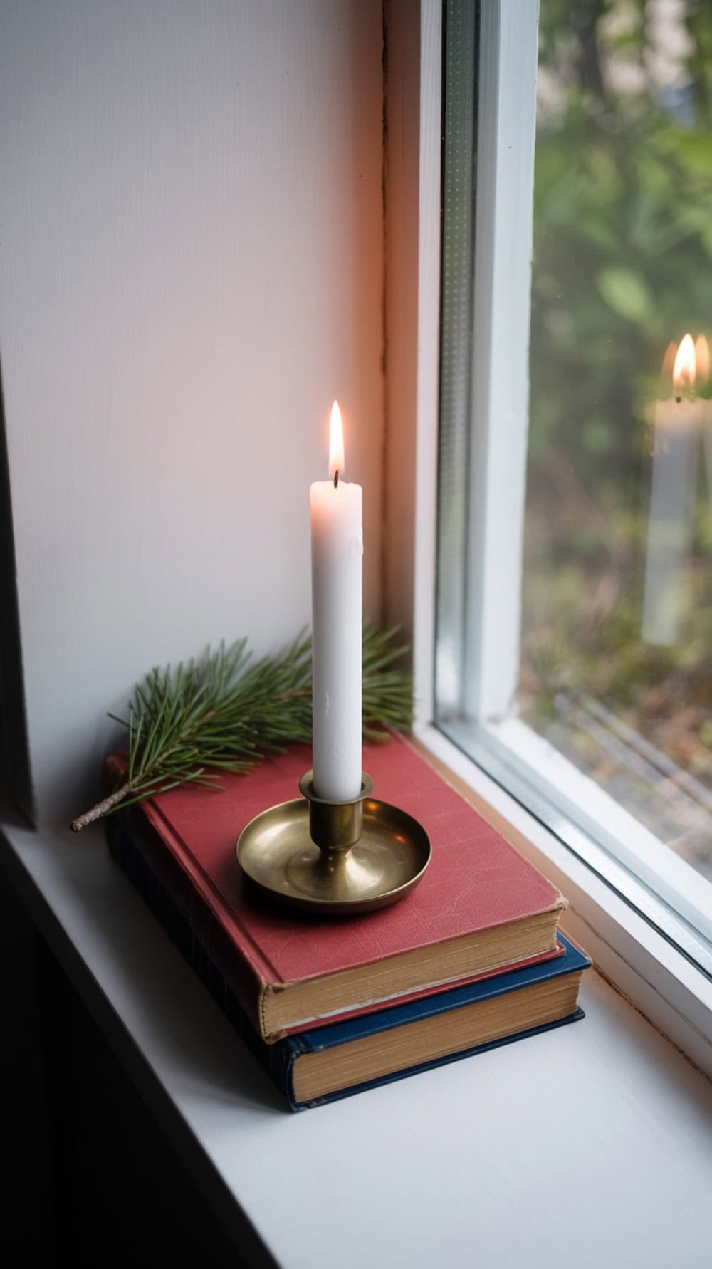 A cozy window display featuring stacked red books with a white candle on top, complemented by a sprig of pine.