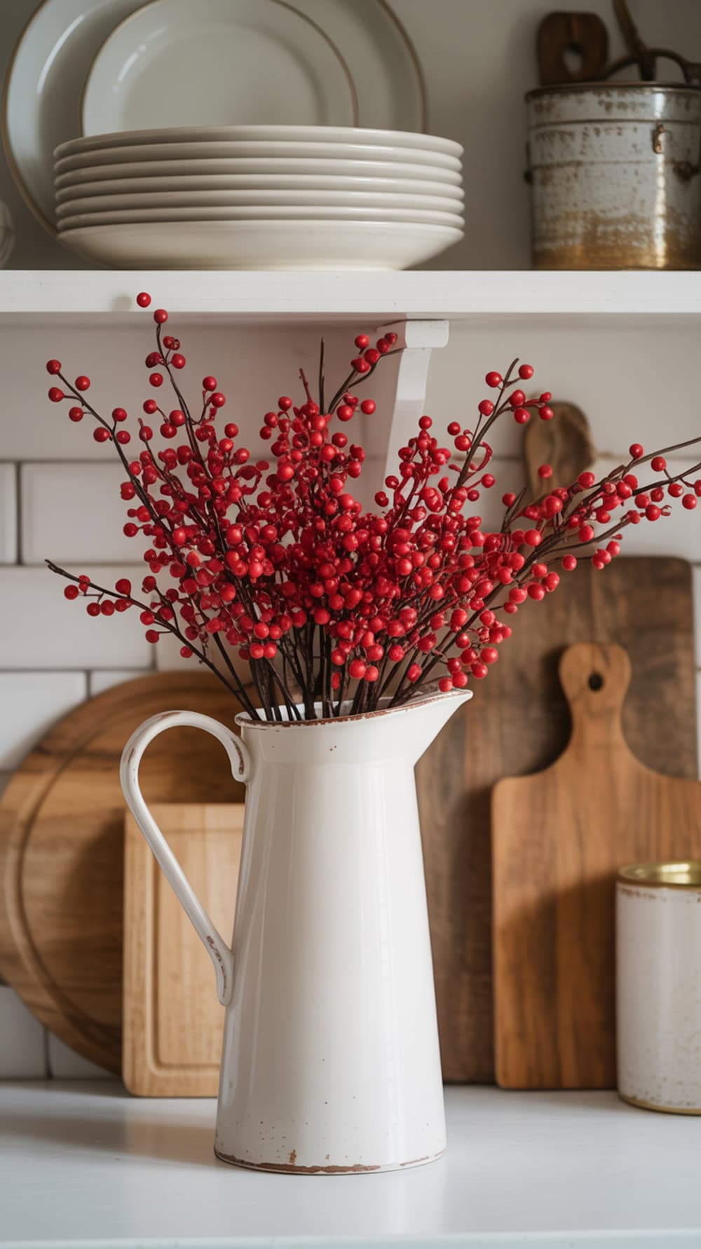 A white pitcher filled with red berry branches on kitchen shelves, surrounded by wooden cutting boards and dishware.