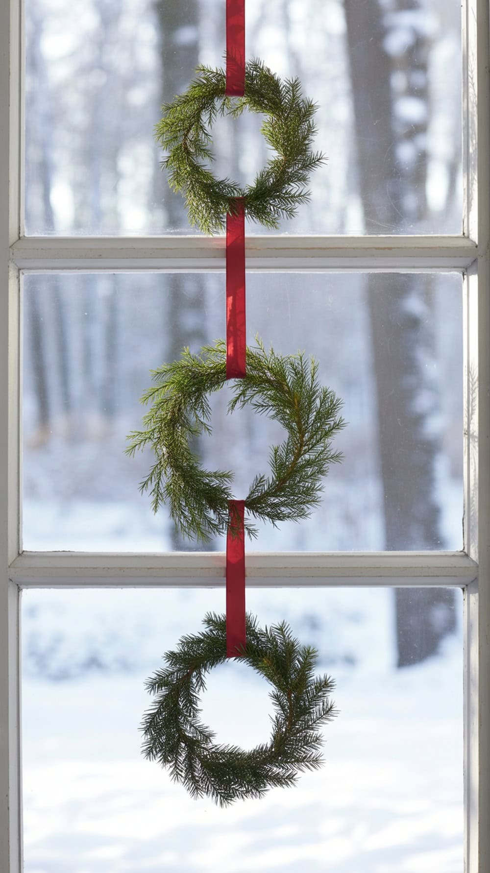 Three green wreaths hanging from red ribbons in a window, with a snowy background.