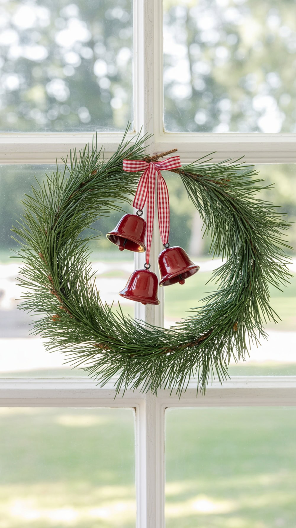 A green pine wreath with red bells and a checkered ribbon hanging in a window.