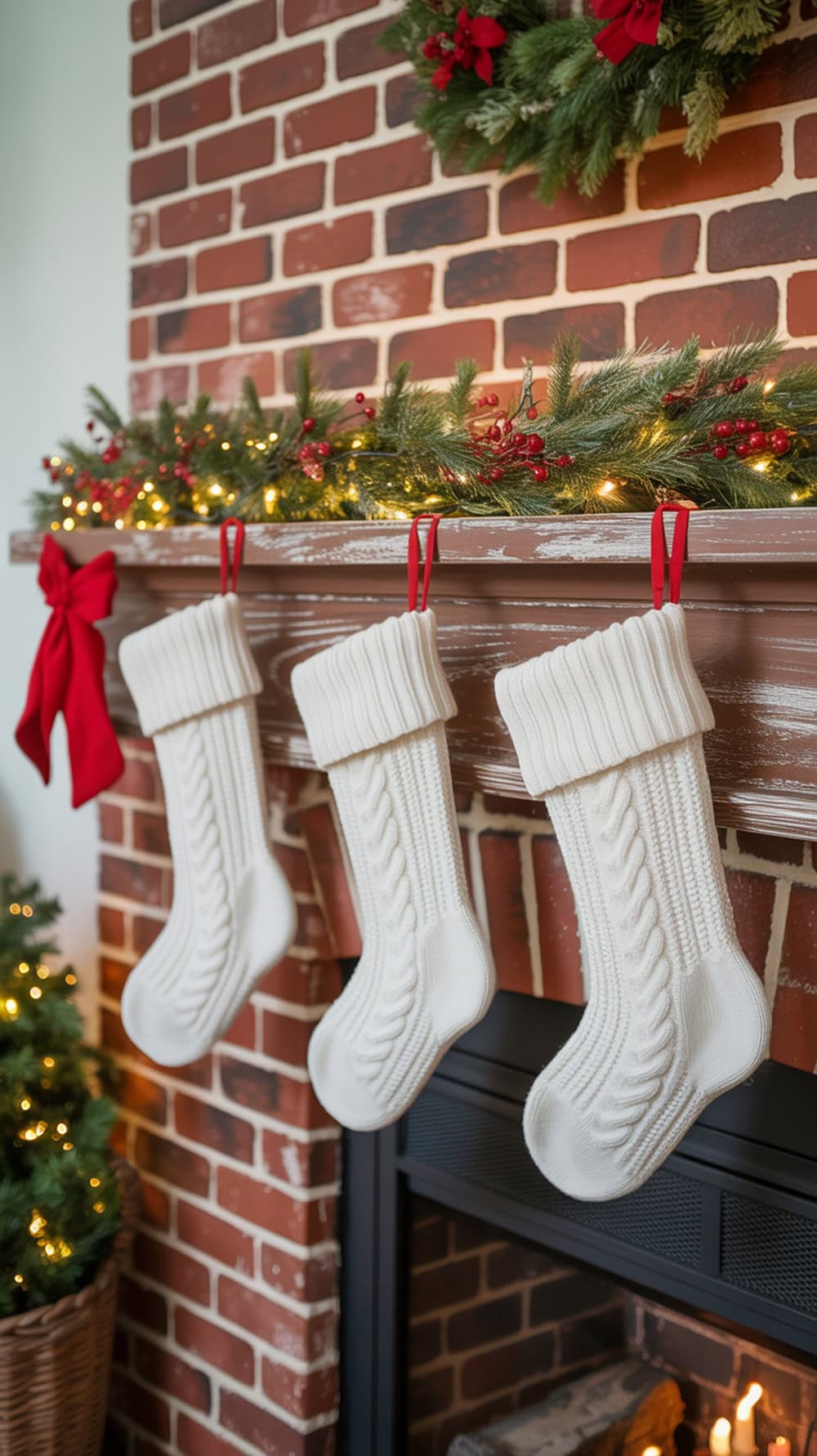 White knit stockings hanging from a rustic brick fireplace, decorated with a festive garland and red bows.
