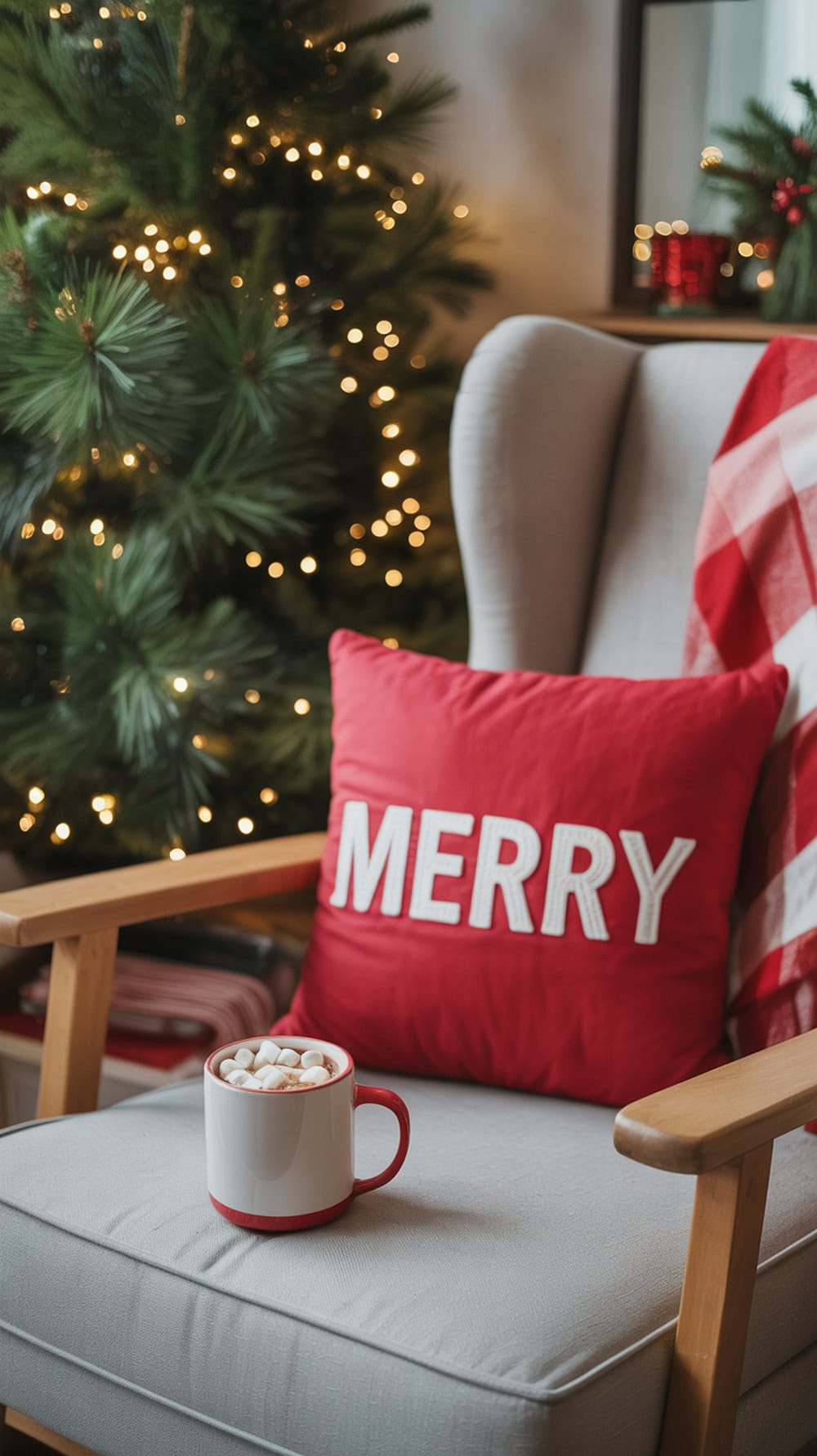 Cozy nook with a red pillow, hot cocoa, and a Christmas tree in the background