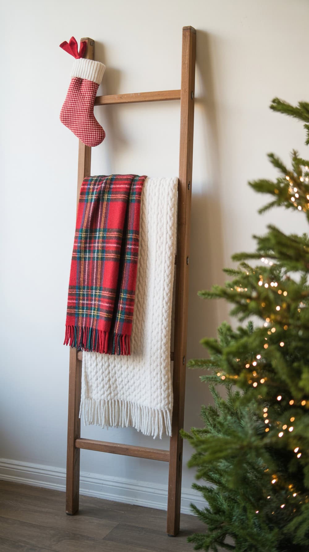 A wooden blanket ladder with a red plaid blanket and a white knit blanket, topped with a red stocking, beside a Christmas tree.