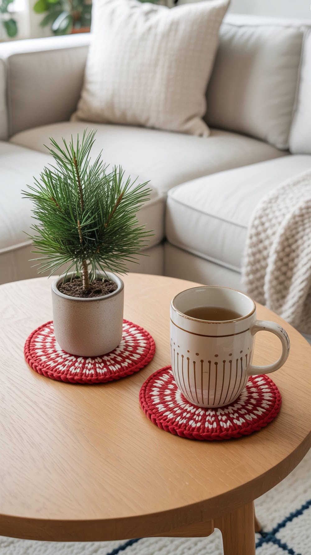 A wooden table with red and white knit coasters, a cup of tea, and a small potted pine tree.