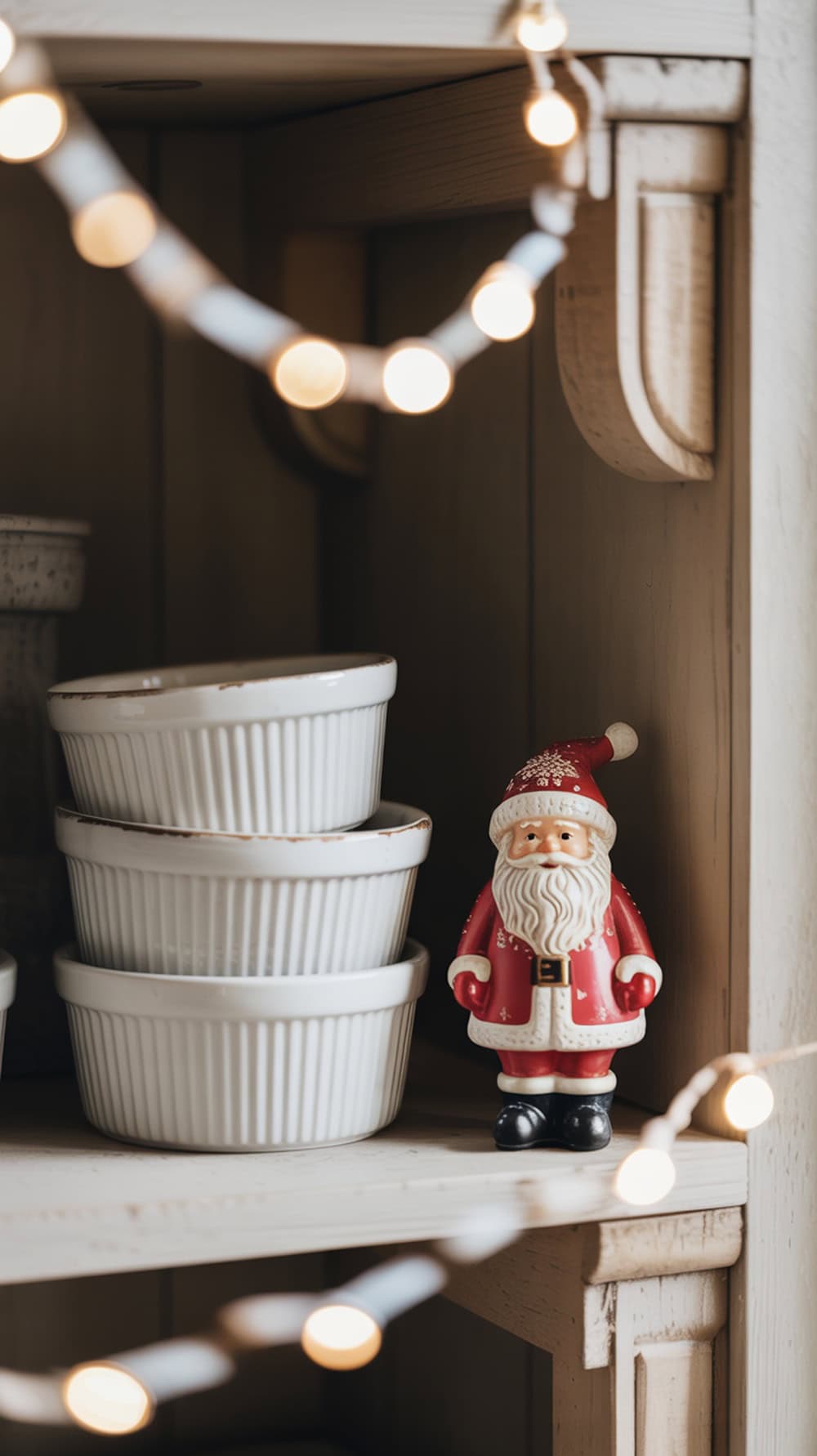 A Mini Santa figurine next to white ramekins on a kitchen shelf, surrounded by twinkling lights.