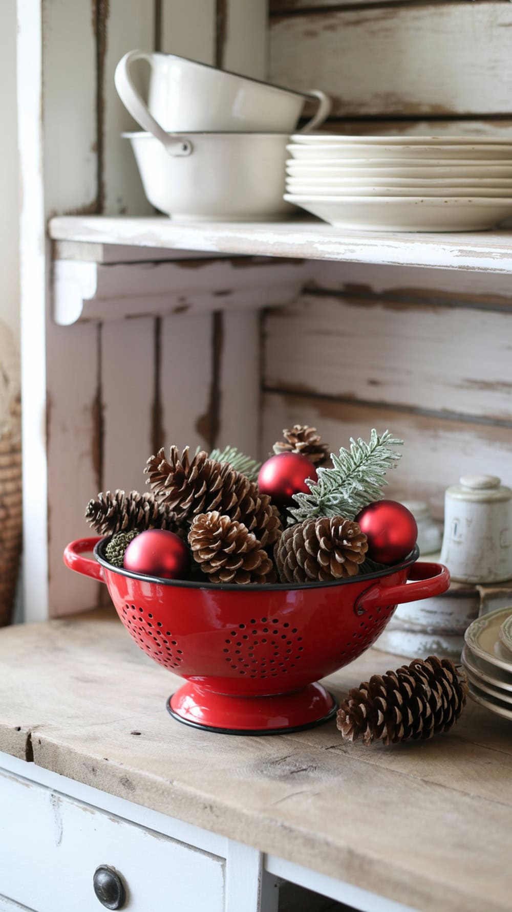 A red colander filled with pinecones and red ornaments on a wooden shelf.
