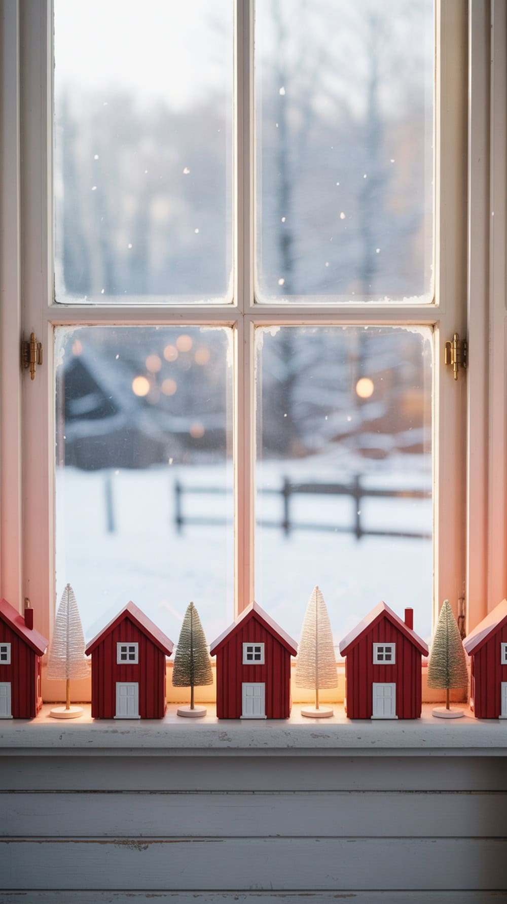 A cozy window sill decorated with a mini red house village and bottle brush trees, set against a snowy backdrop.