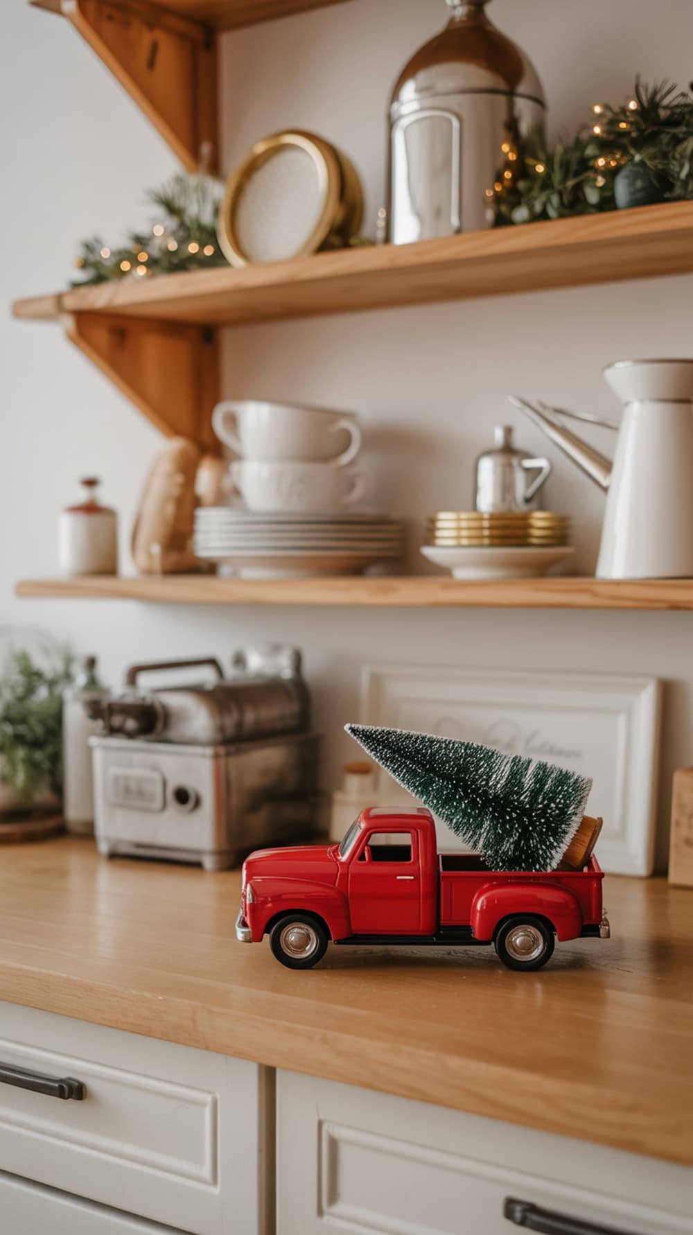 A mini red truck with a Christmas tree in the back, placed on wooden kitchen shelves decorated for the holidays.