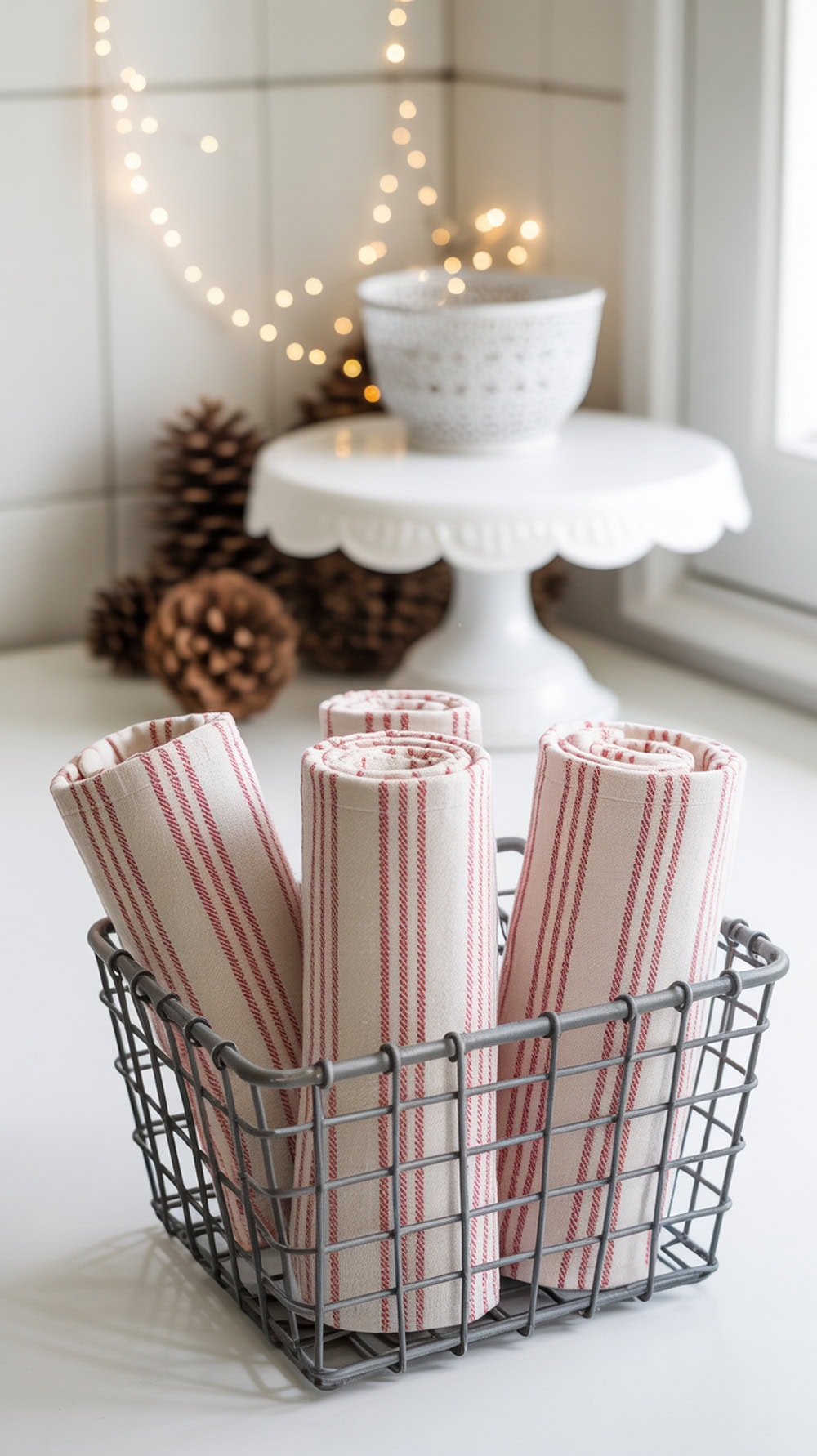 A wire basket filled with rolled red and white striped dish towels, with twinkling lights and pinecones in the background.