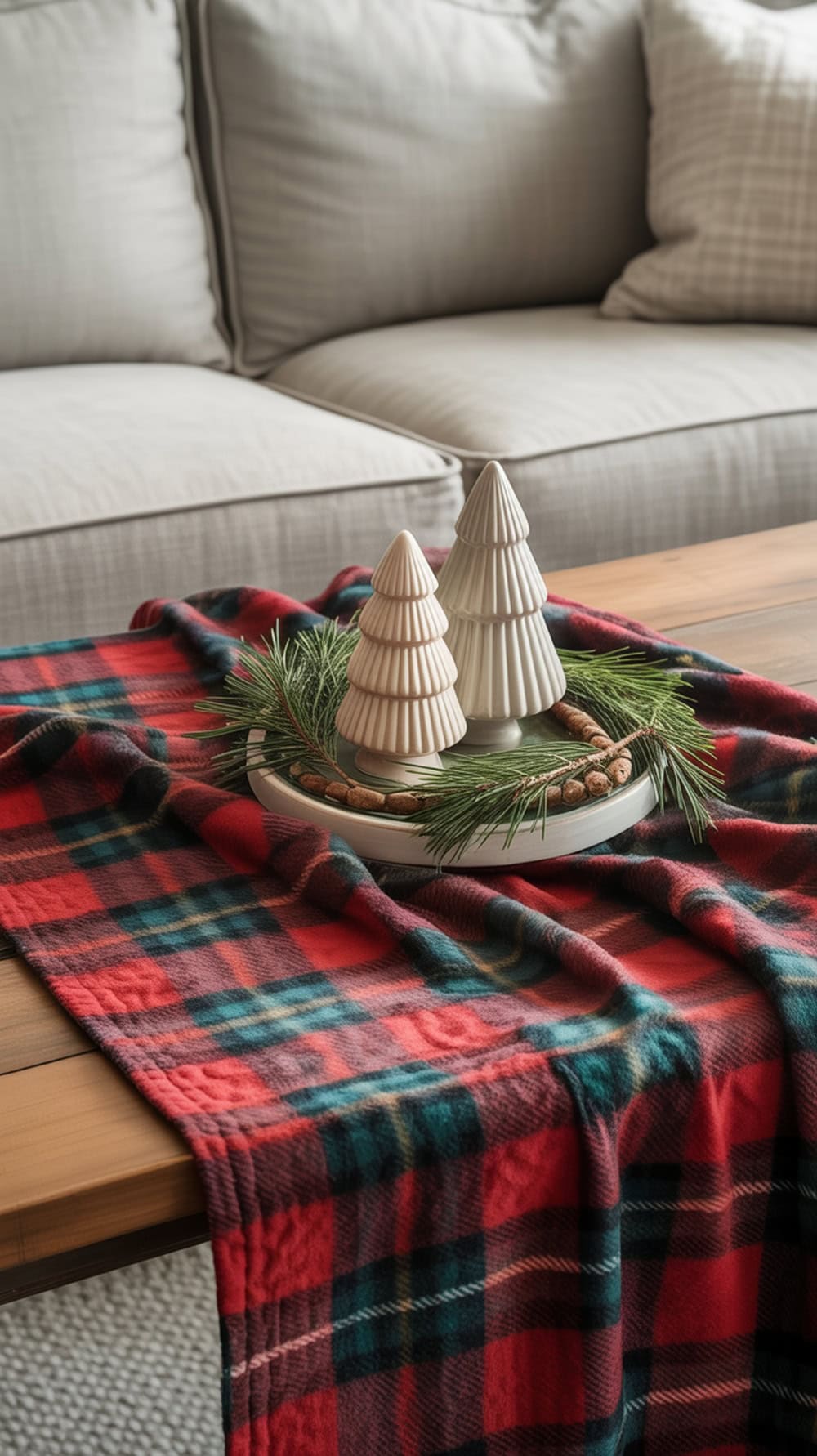 A red plaid blanket draped over a wooden table with white ceramic Christmas trees and pine branches.