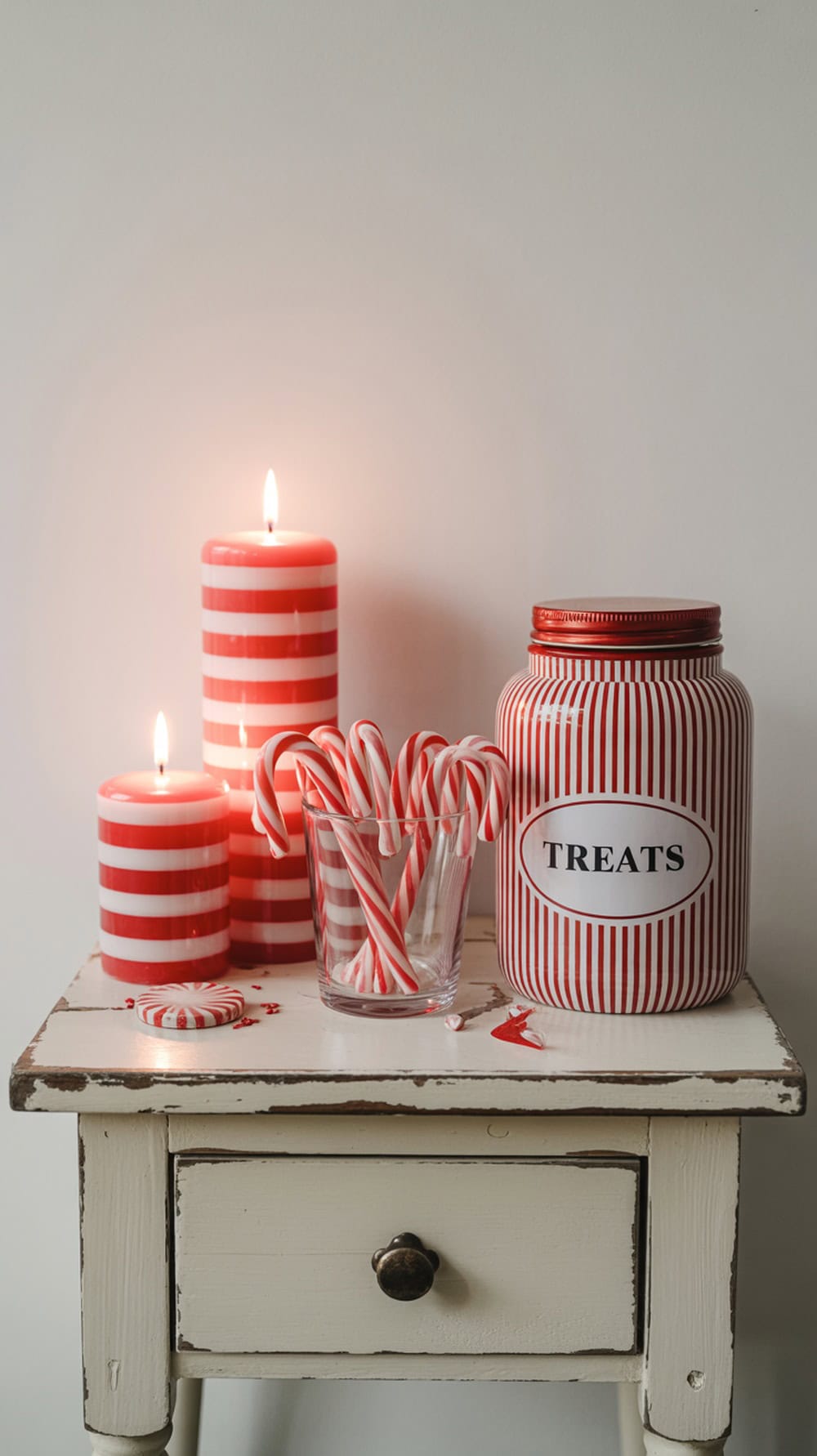 A festive peppermint-themed decor cluster featuring striped candles, candy canes in a glass, and a jar labeled 'TREATS' on a white table.