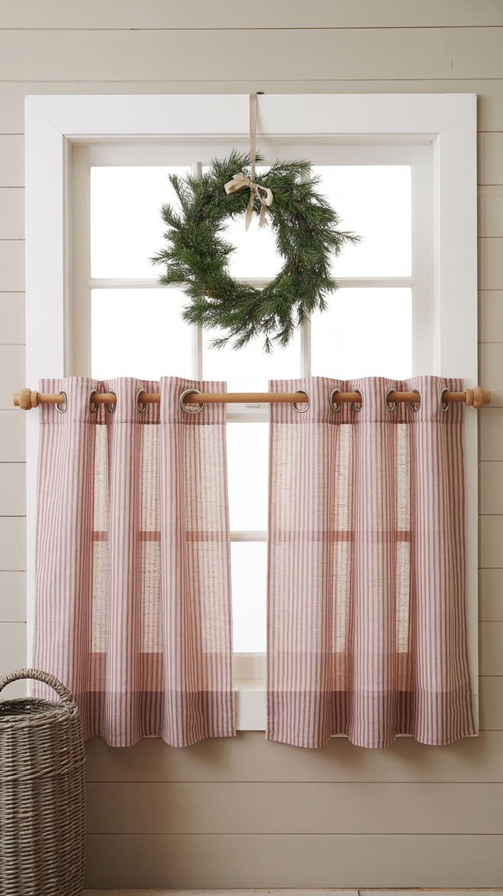 Red striped cafe curtains hanging in a window with a green wreath above.