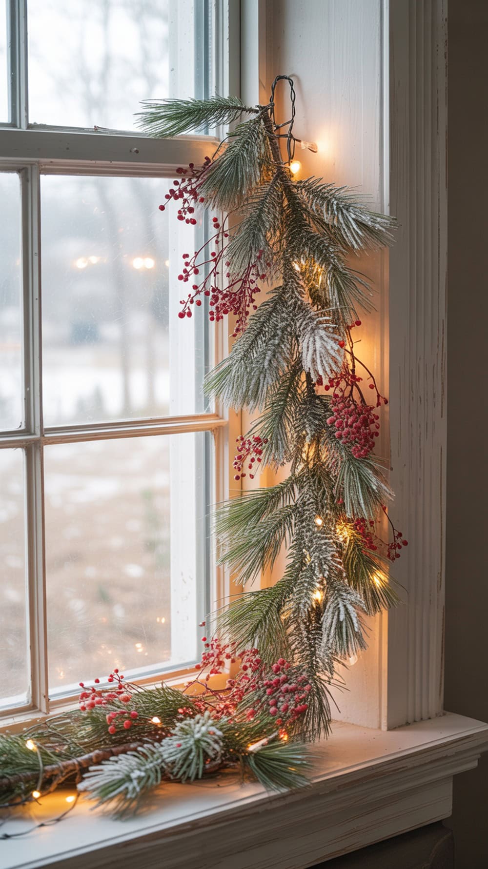 A beautifully decorated garland with red berry clusters and lights, draped around a window in a modern farmhouse living room.