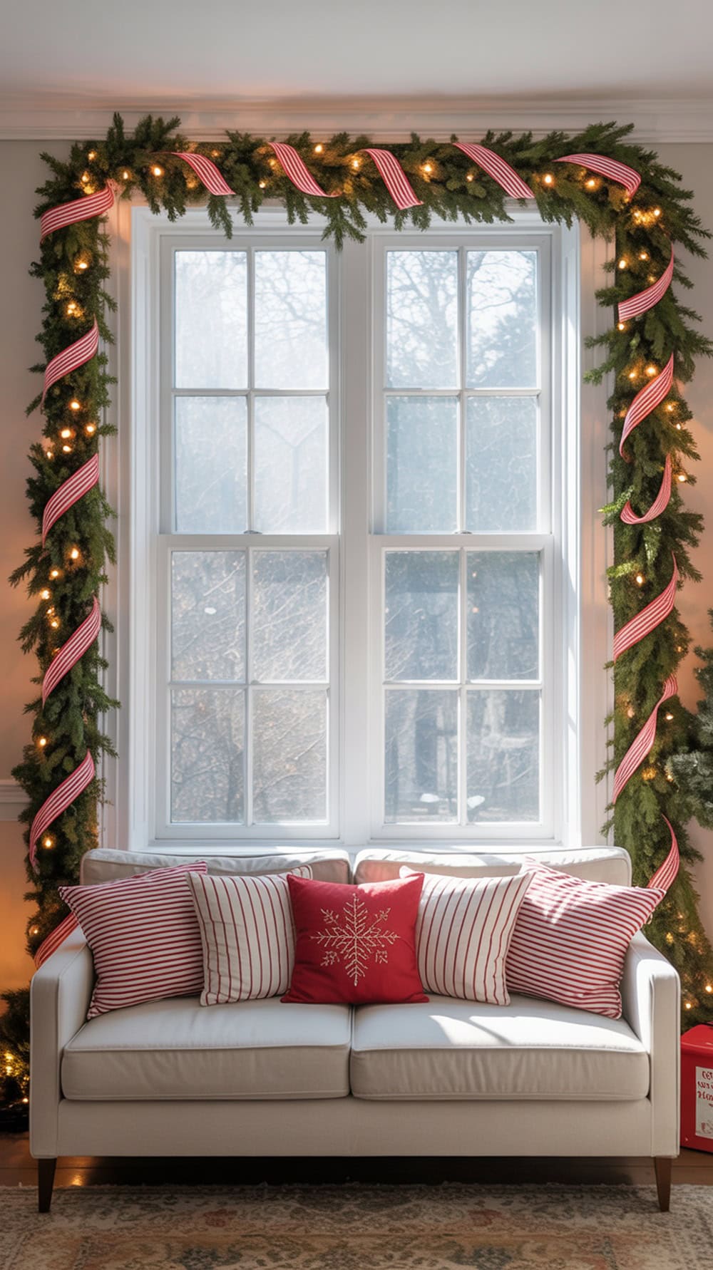 A living room window decorated with pine garland and red and white ribbon, featuring a cozy sofa with festive pillows.