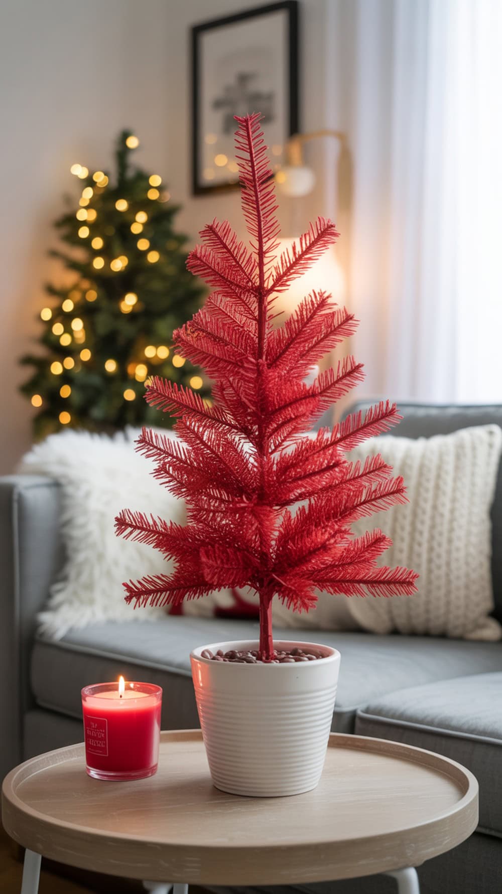 A mini red Christmas tree in a white pot on a wooden table with a red candle, set in a cozy living room.