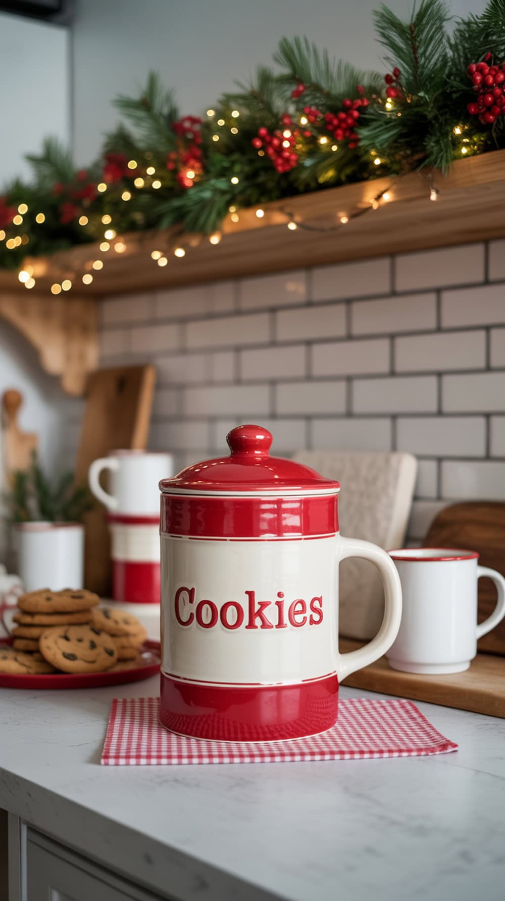 A red and white cookie jar labeled 'Cookies' on a kitchen counter with festive decorations.