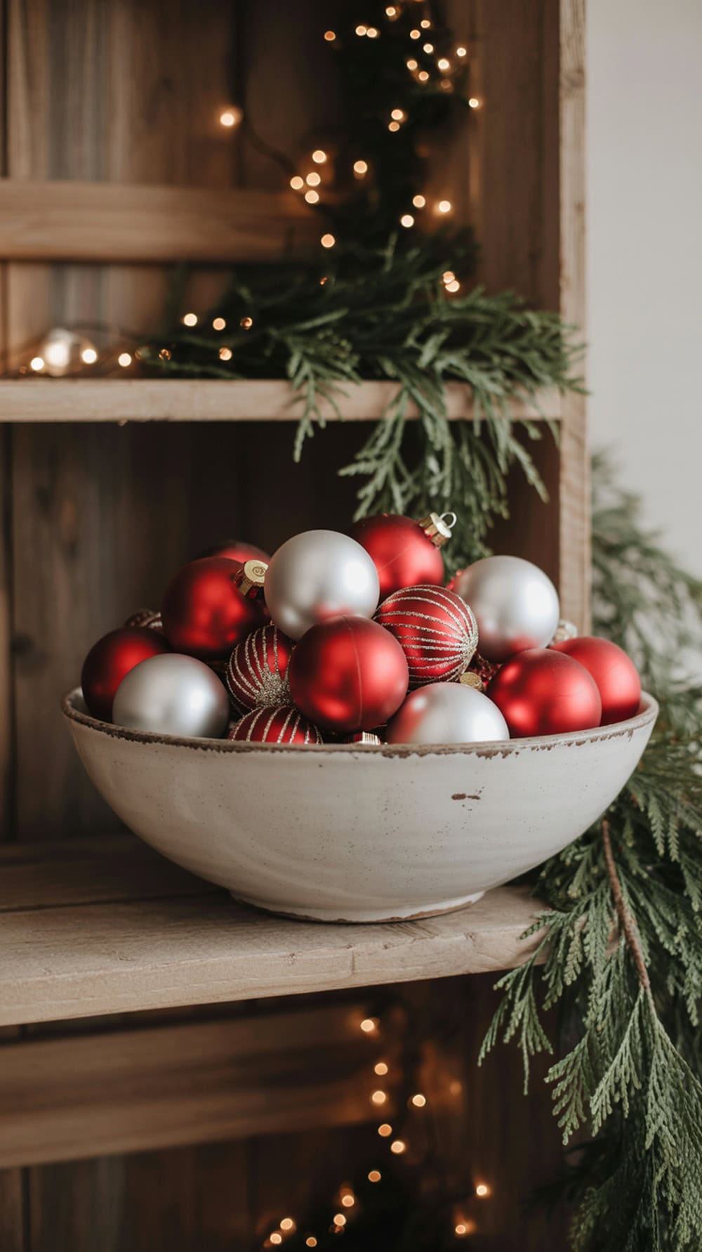 A bowl filled with red and silver Christmas ornaments, placed on wooden shelves with greenery and fairy lights.