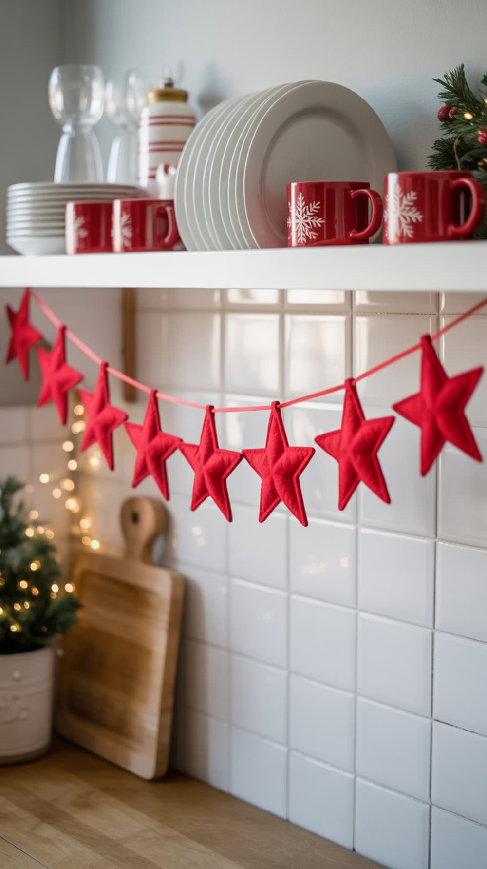 A red star garland hanging on a kitchen shelf with white plates and red mugs