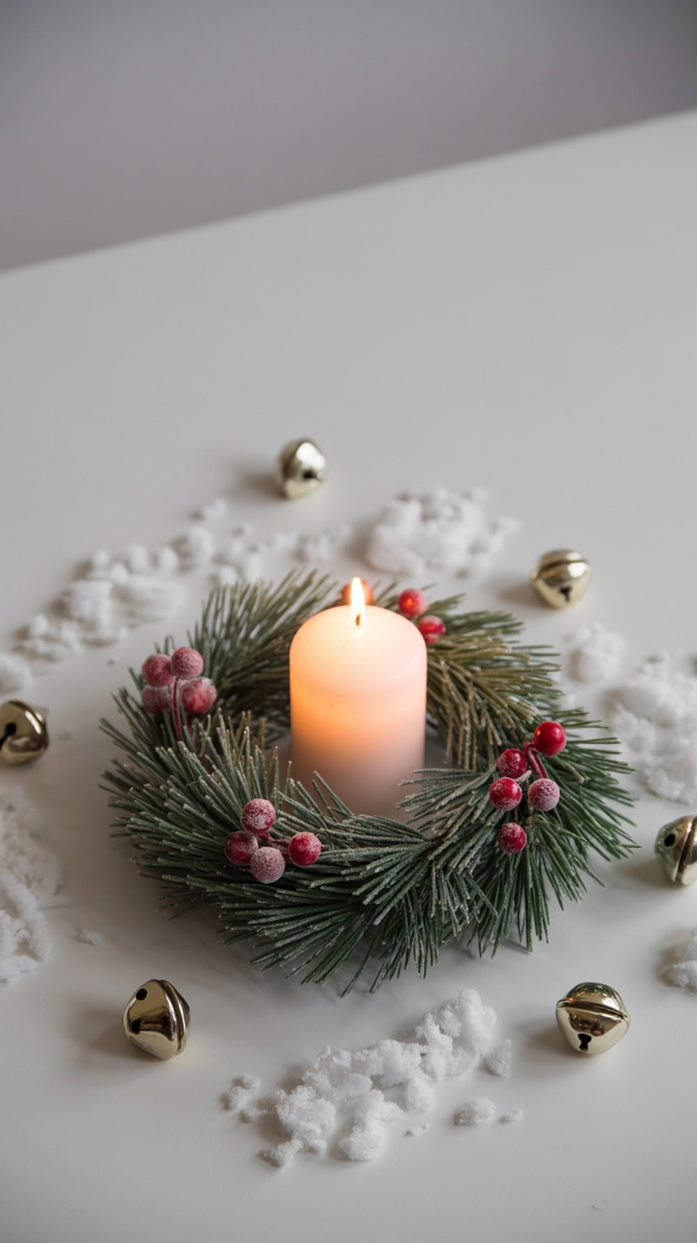 A mini wreath centerpiece with a candle, red berries, golden bells, and faux snow on a white table.