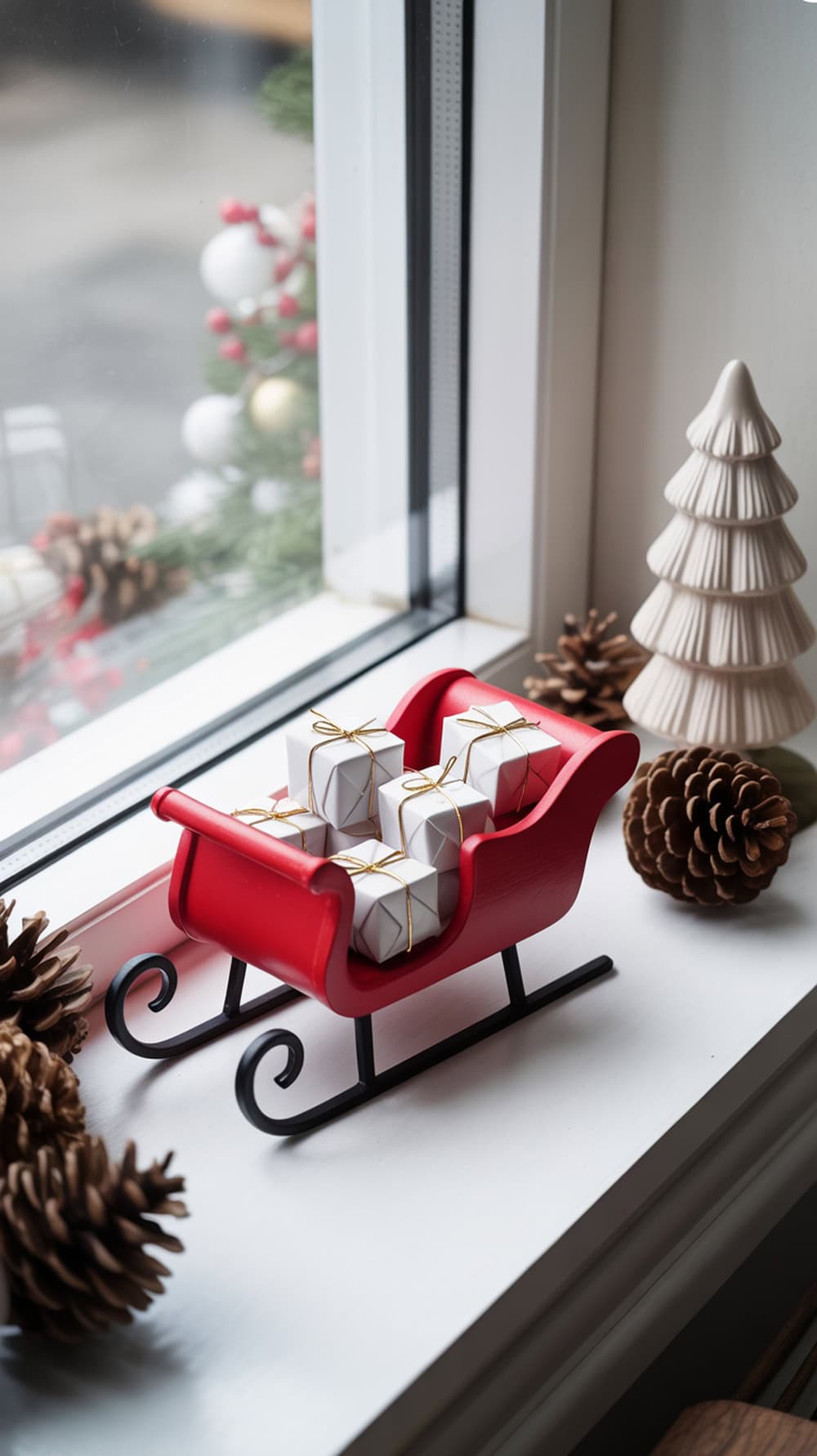 A vintage red sleigh figurine with small white gift boxes on a window sill, surrounded by pinecones and a white tree figurine.