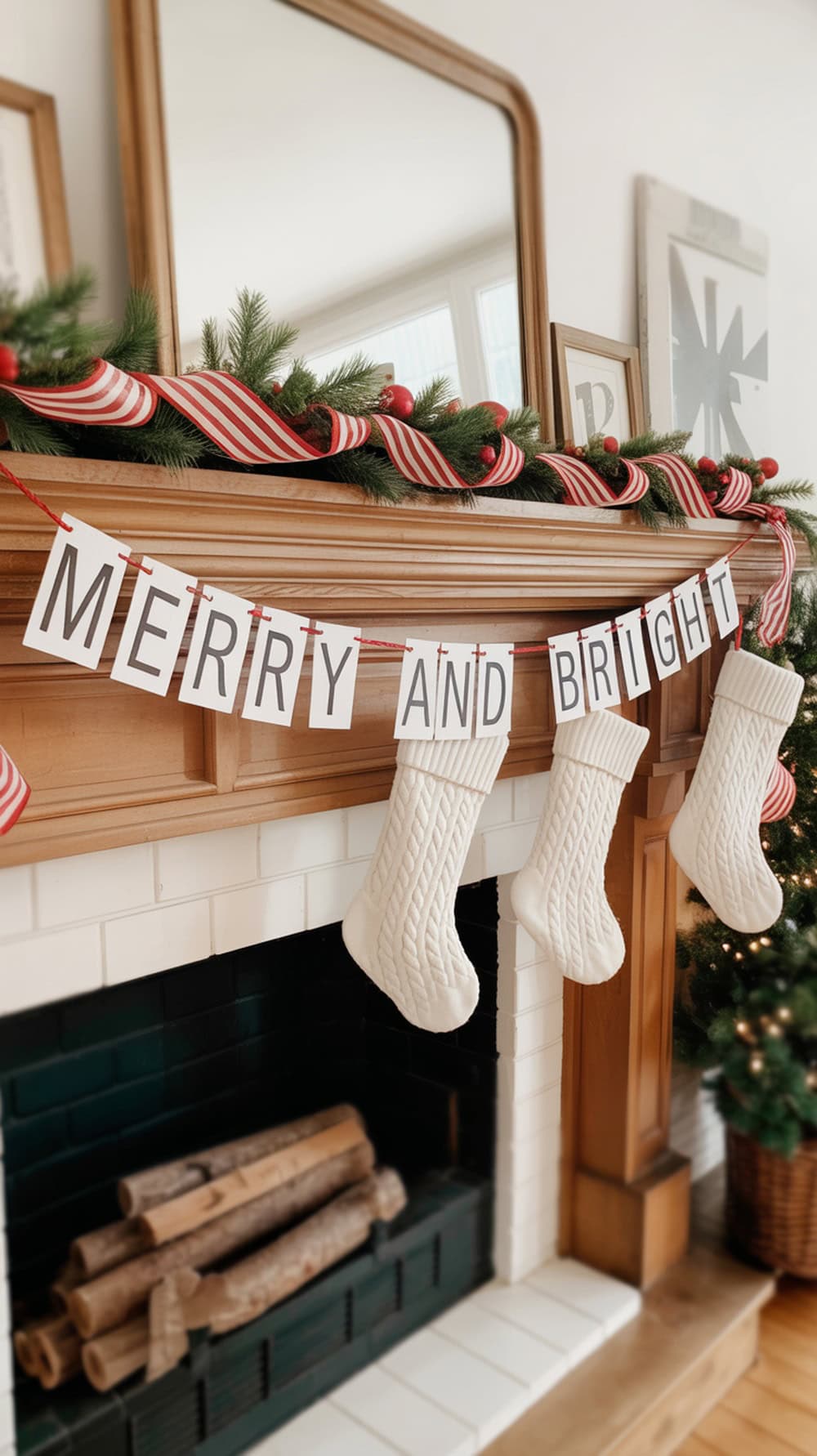 A 'Merry and Bright' banner hanging above a fireplace with white stockings and red and white striped ribbon.