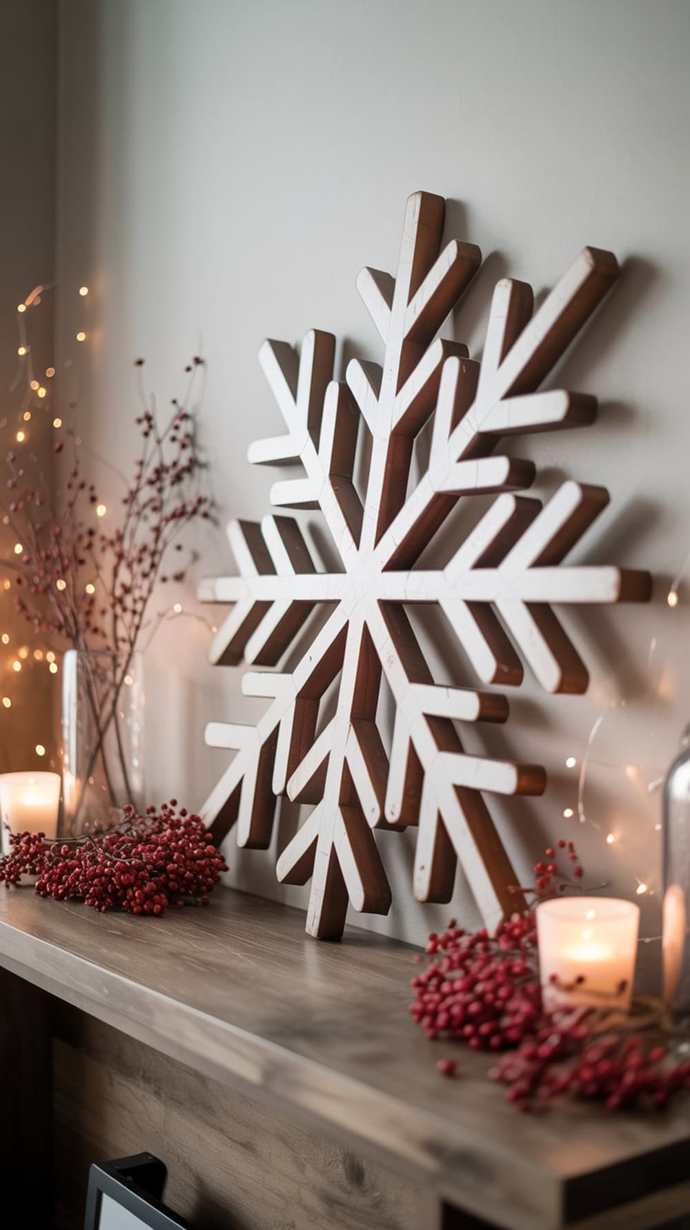 A wooden snowflake decor piece on a shelf, surrounded by red berries and candles, creating a cozy winter atmosphere.