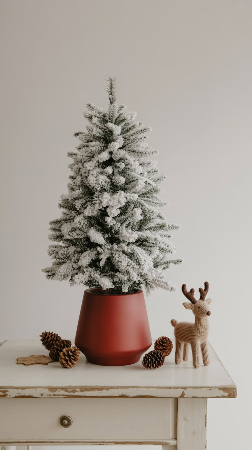 A frosted mini Christmas tree in a red pot, accompanied by pinecones and a knitted reindeer on a white table.