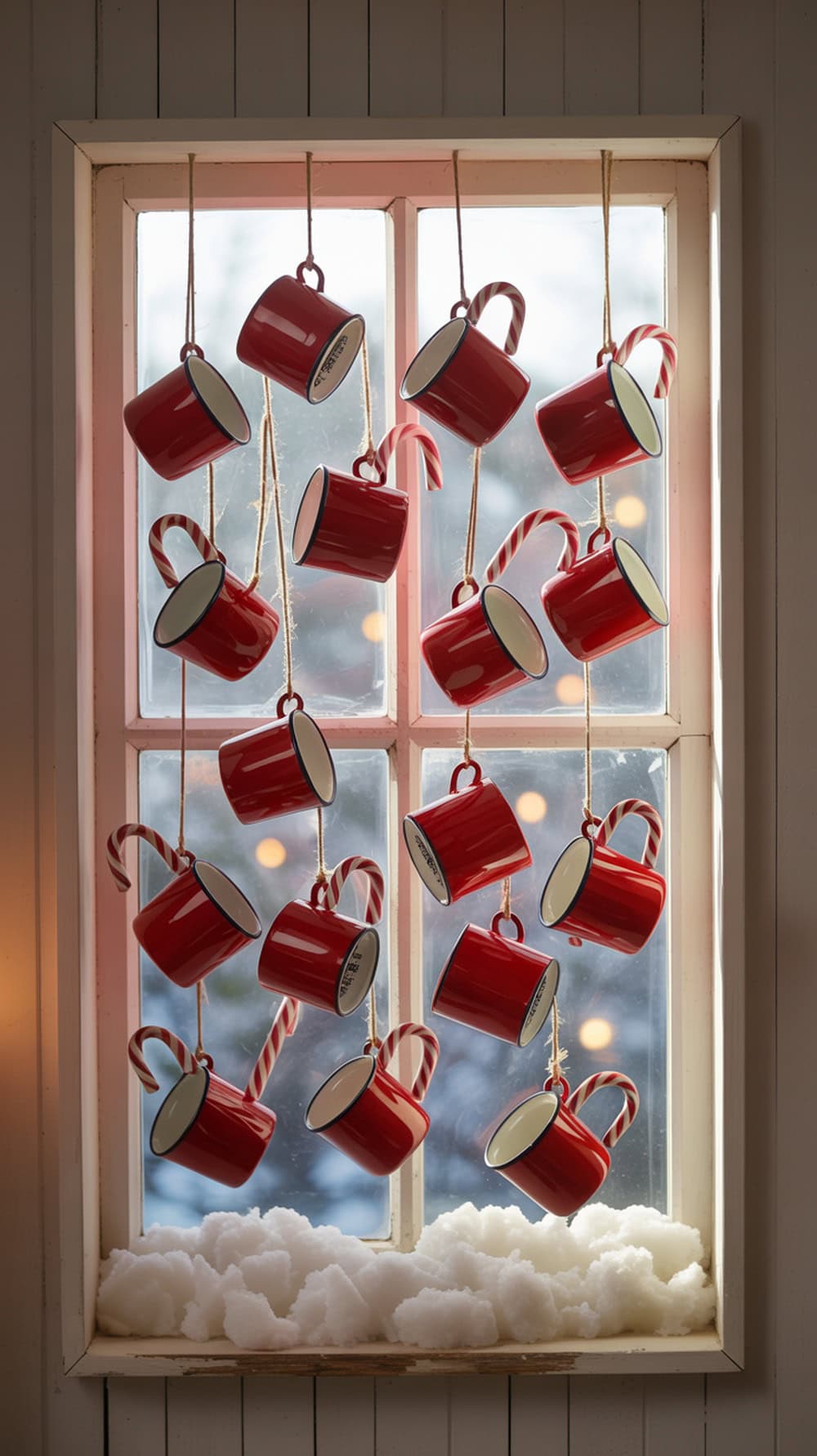 A window decorated with a garland of red mugs and candy canes, with fluffy white snow at the bottom.
