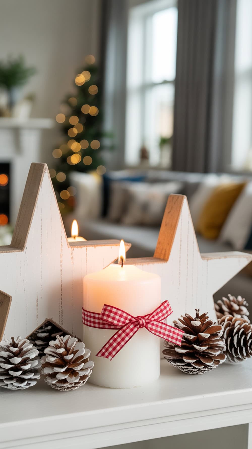 A white candle wrapped in red and white gingham ribbon, surrounded by pinecones and wooden star decorations on a shelf.