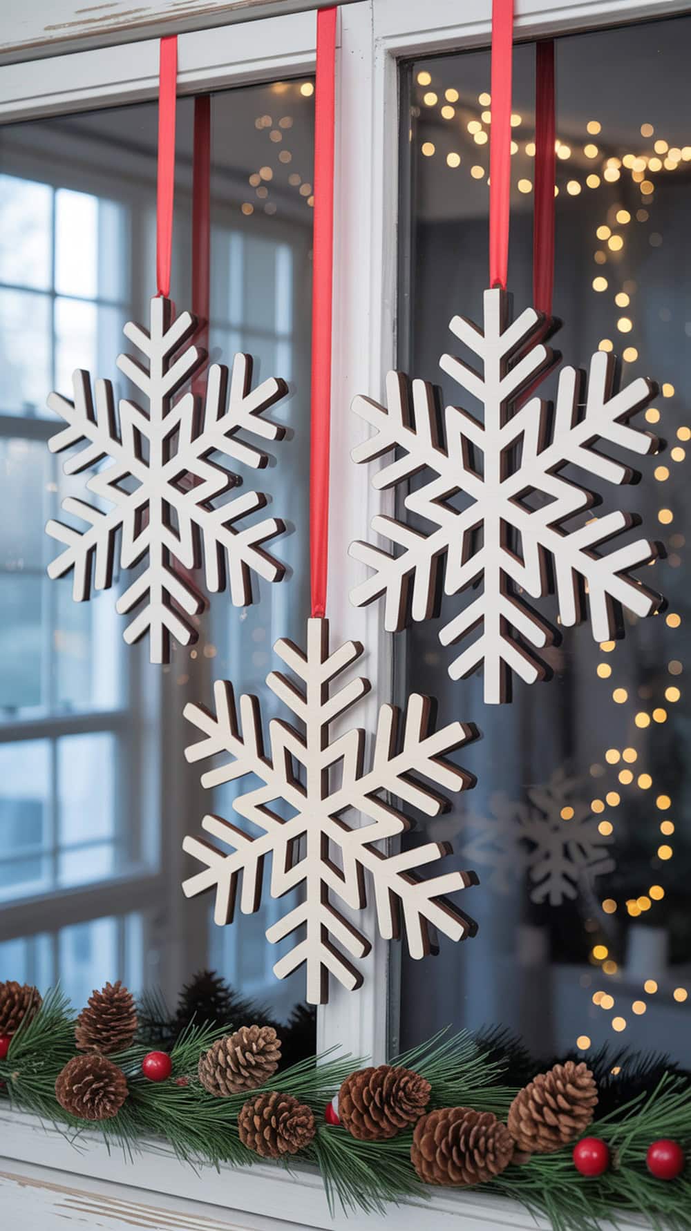 White snowflakes hanging in a window with red ribbons, surrounded by pinecones and greenery.