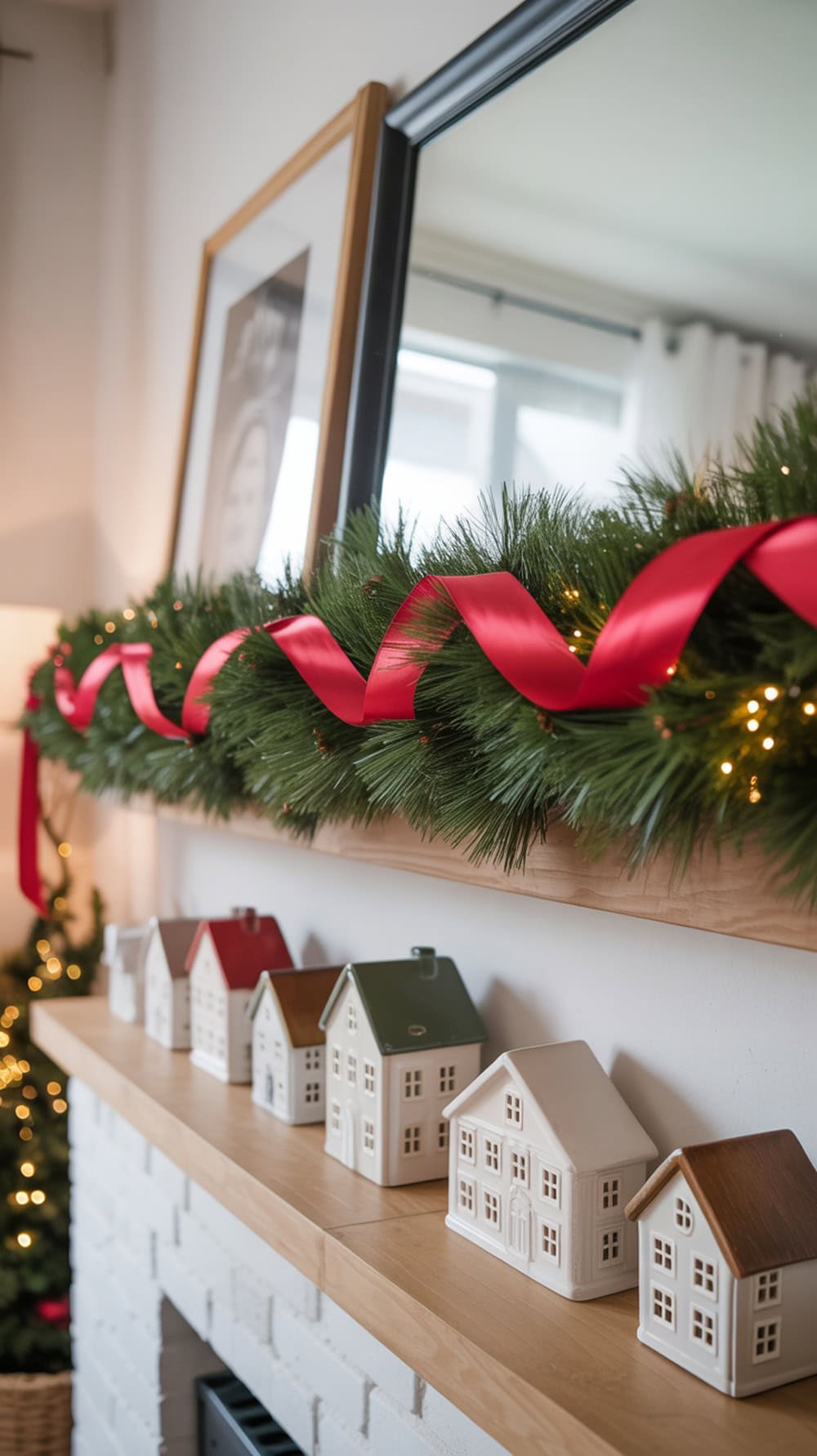 A modern farmhouse living room shelf decorated with a red ribbon garland and small decorative houses.