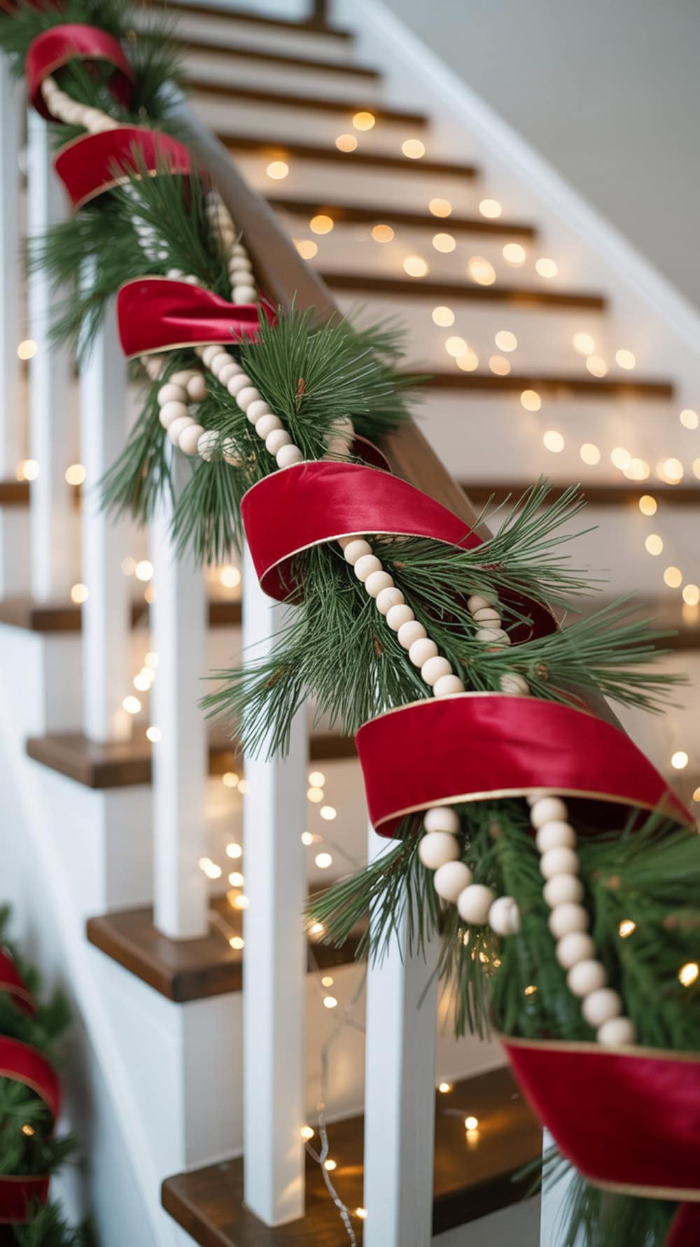 Red and white garland on a stair railing with lights in the background