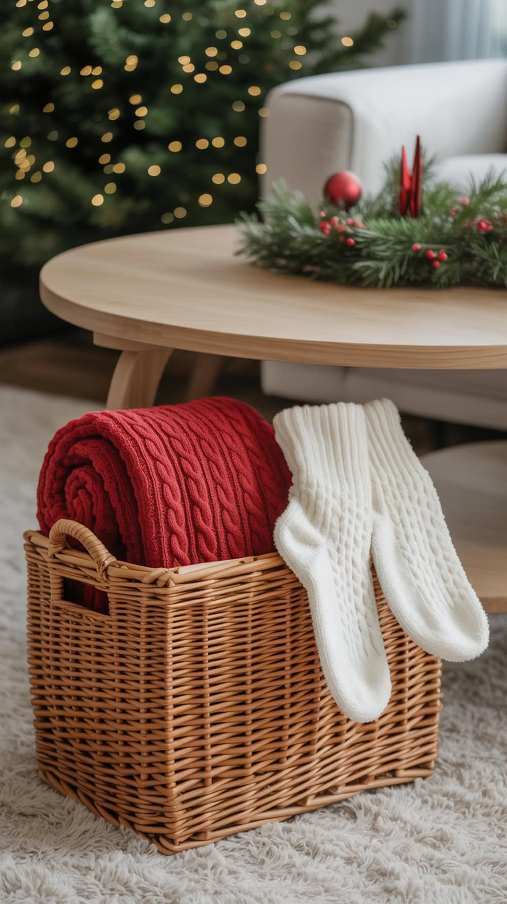 A red knit blanket in a wicker basket with white knitted mittens beside it, set in a cozy living room.