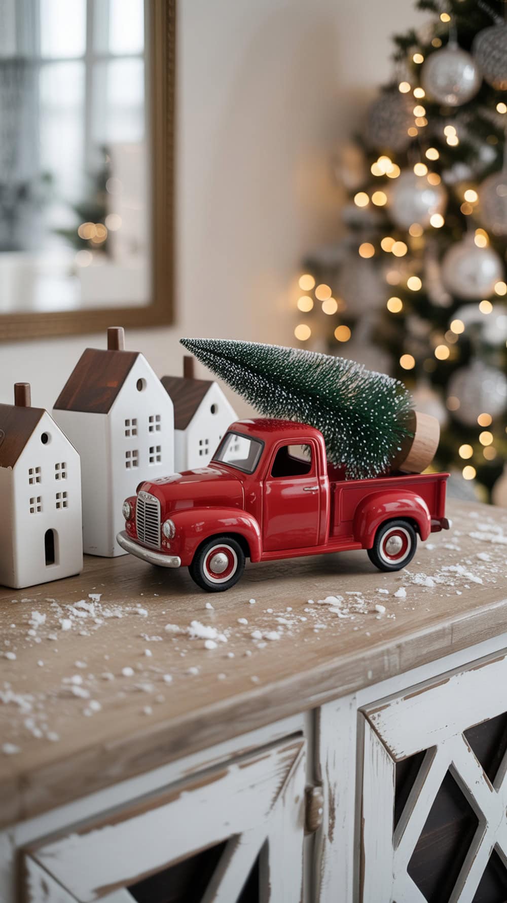 A vintage red truck with a small tree in the back, placed on a rustic console table with white houses and faux snow.