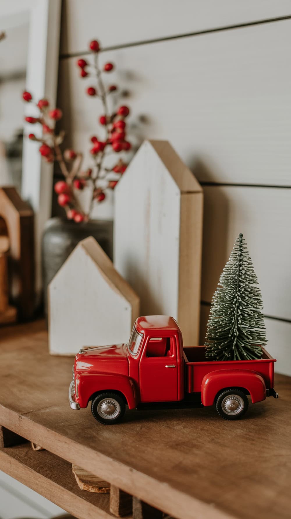 A mini red truck with a small evergreen tree on a wooden shelf, surrounded by decorative elements.