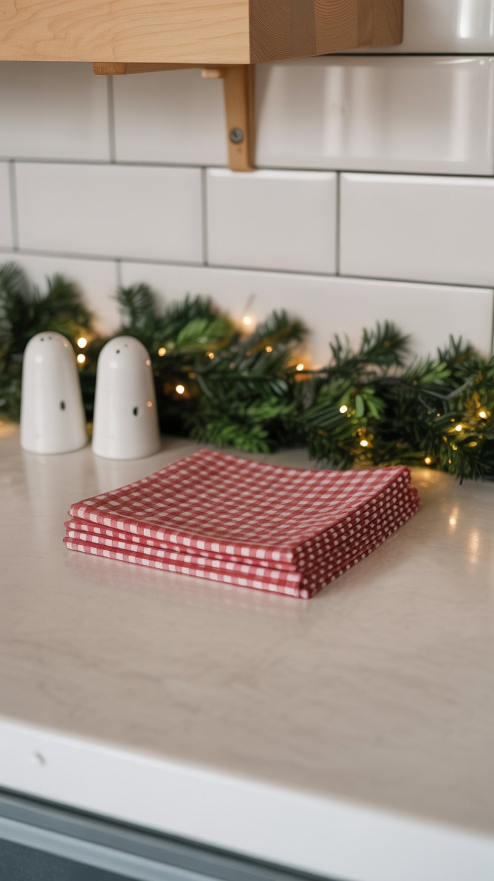 A stack of red gingham napkins on a kitchen countertop with greenery and salt and pepper shakers in the background.