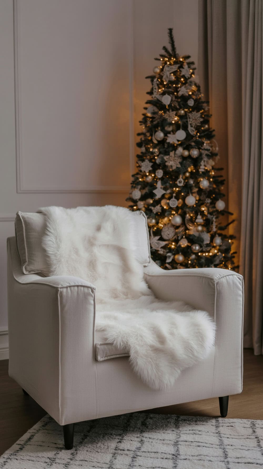 A cozy living room scene featuring a faux fur throw on a chair and a red mug filled with marshmallows.