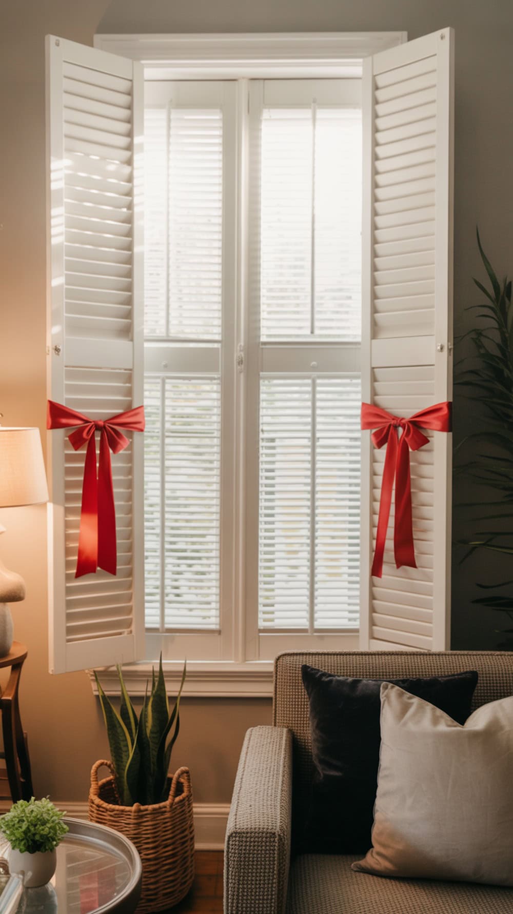 White wood shutters with red bows on a living room window