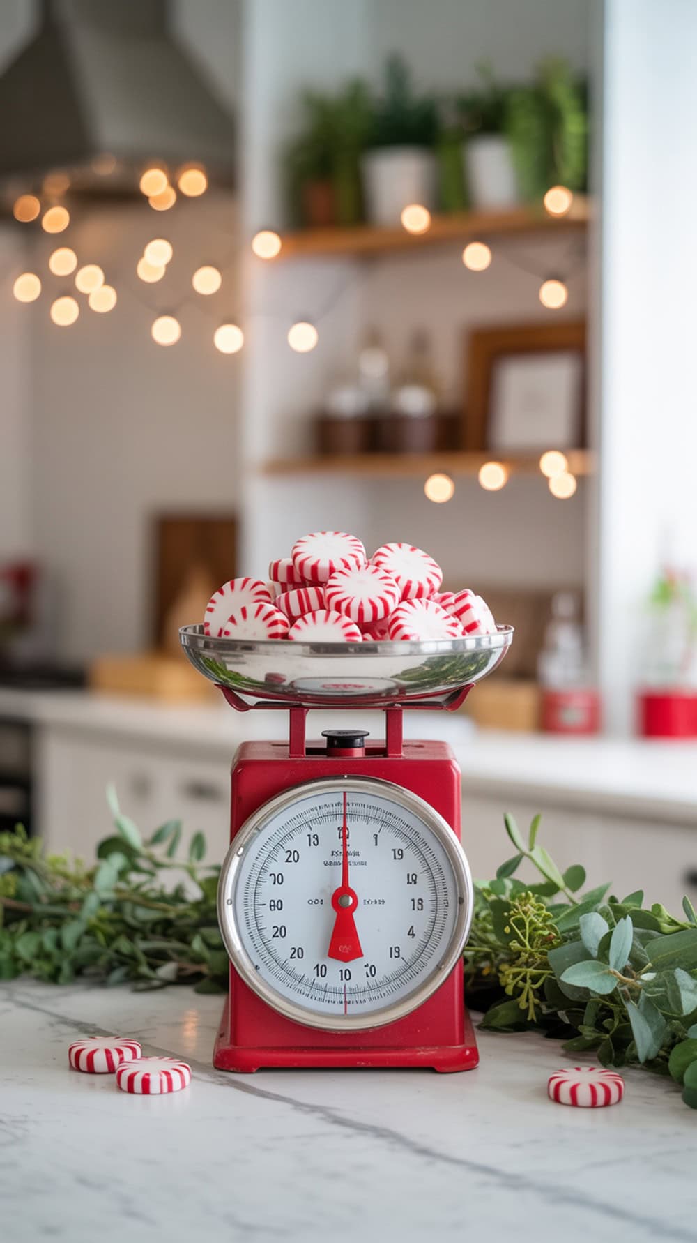 A vintage red scale decorated with peppermint candies, surrounded by greenery in a modern farmhouse kitchen.