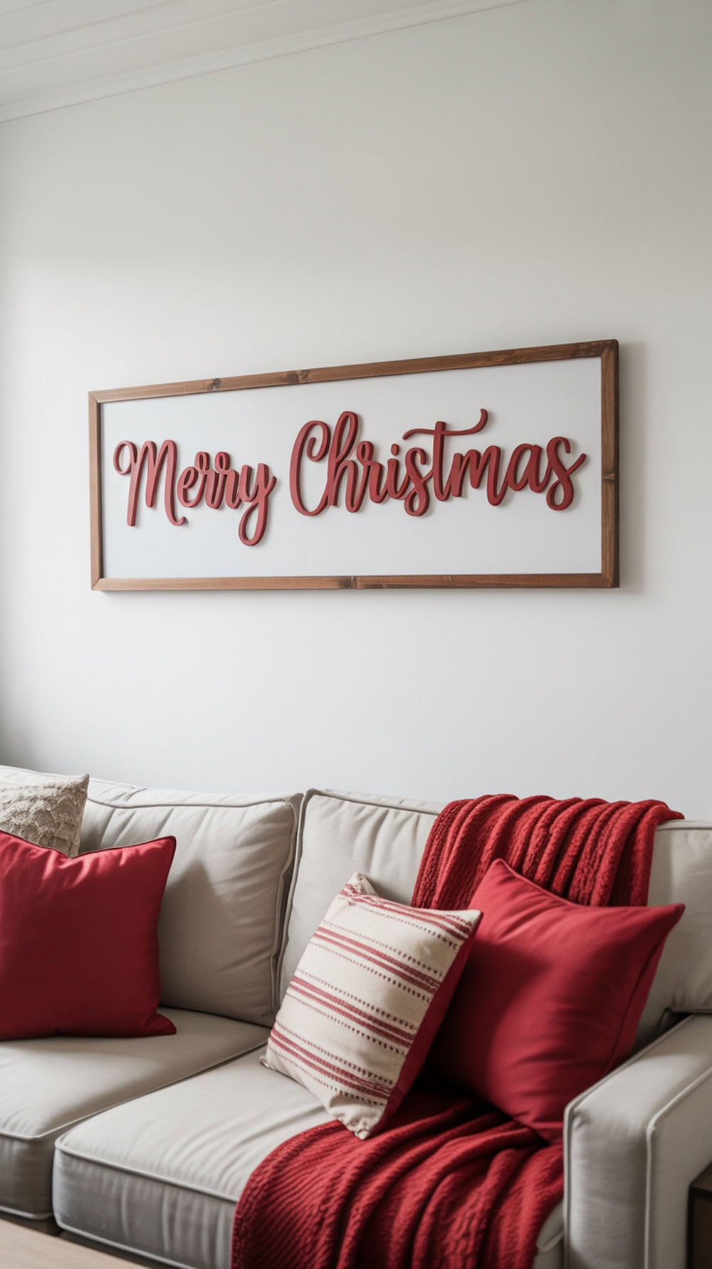 Framed red script sign that says 'Merry Christmas' above a cozy couch with red pillows and a throw.