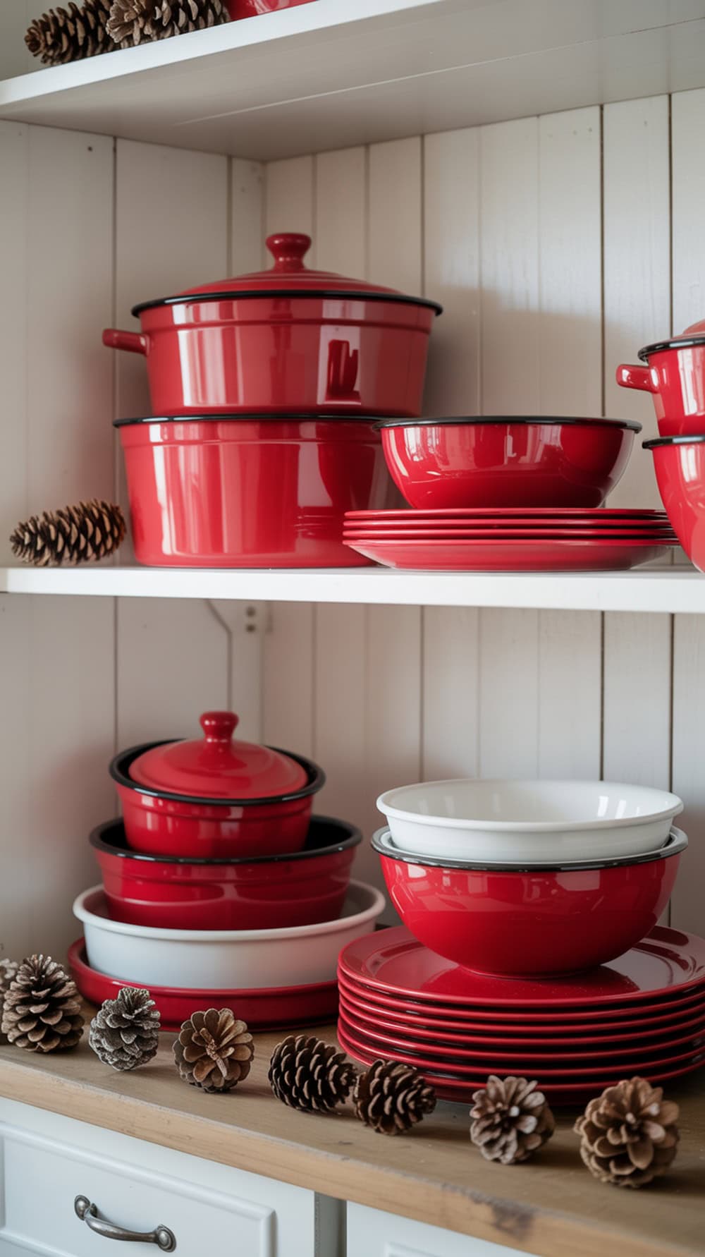 Red enamelware pots and bowls arranged on kitchen shelves with pinecones
