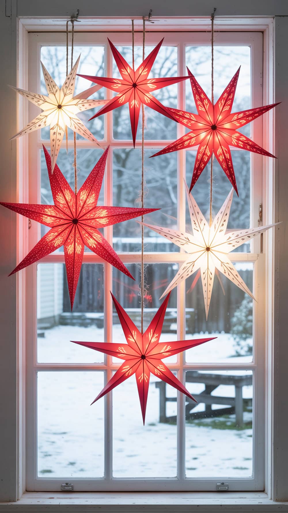 A window decorated with red and white paper stars, glowing warmly against a snowy backdrop.